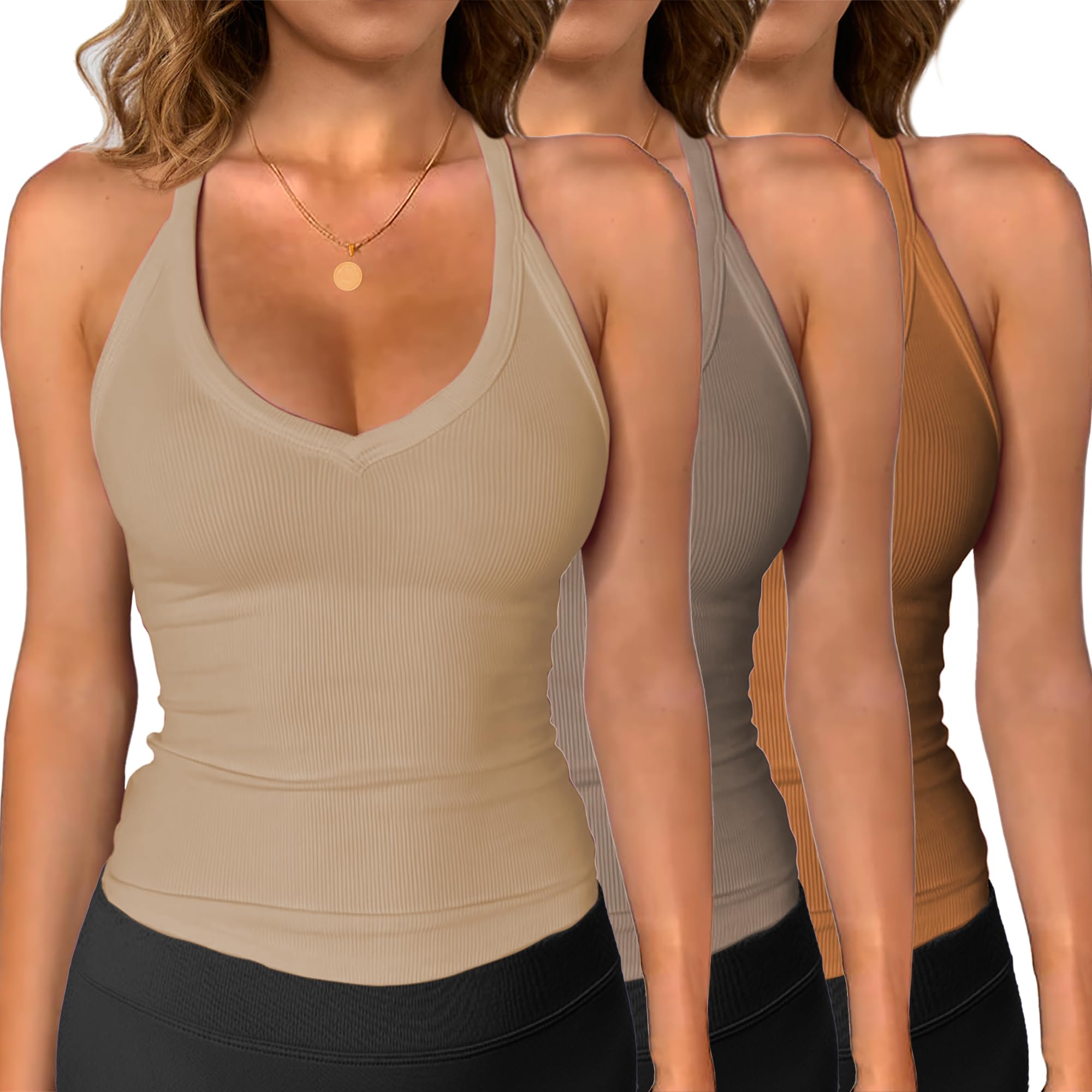 iGENJUN Paquete de 3 camisetas de entrenamiento para mujer, espalda cruzada, básicas, sin mangas, cuello en V, ajustadas, acanaladas, sin mangas, para verano 2025