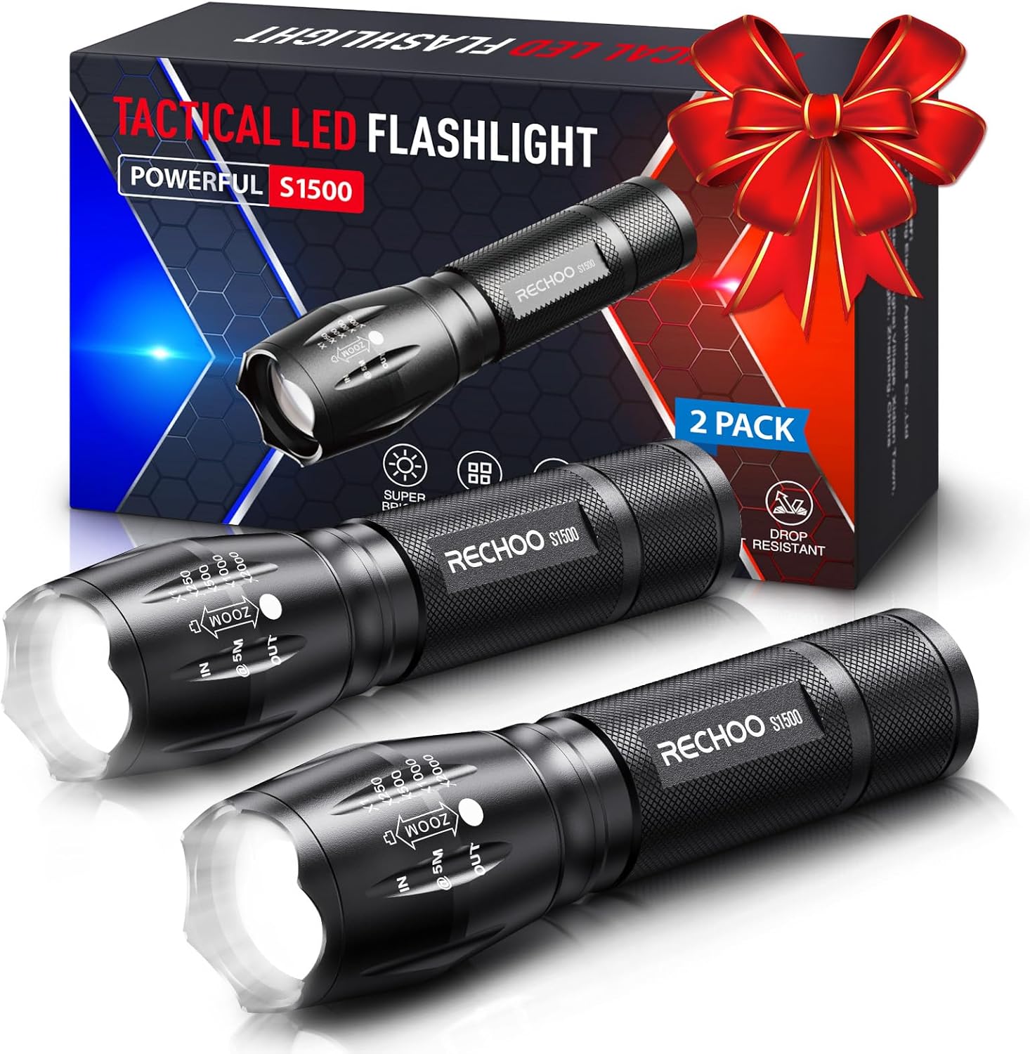 RECHOO Tactical Flashlights 2 Pack, Bright Zoomable LED Flashlights High Lumens with 5 Modes, Portable Small Flash Light for Emergency, Camping, and Outdoor Use