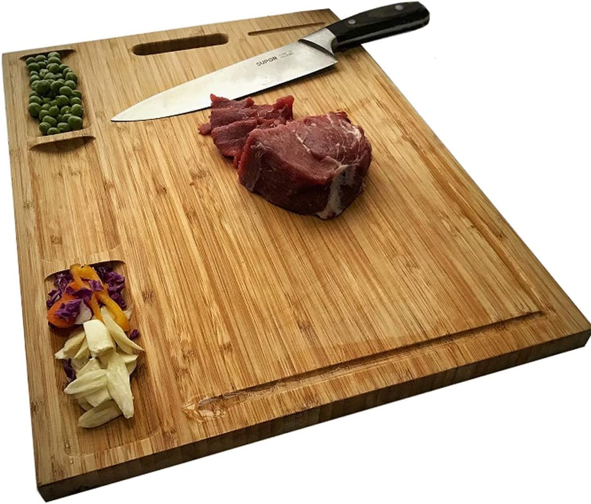 NIUXX Bamboo Cutting Board Kitchen, Extra Large Chopping Board with Built-in Compartments & Juice Grooves, 50 x 36 x 2 cm Carving Butcher Board with Handle, Meats Vegetable Bread Fruits Serving Board