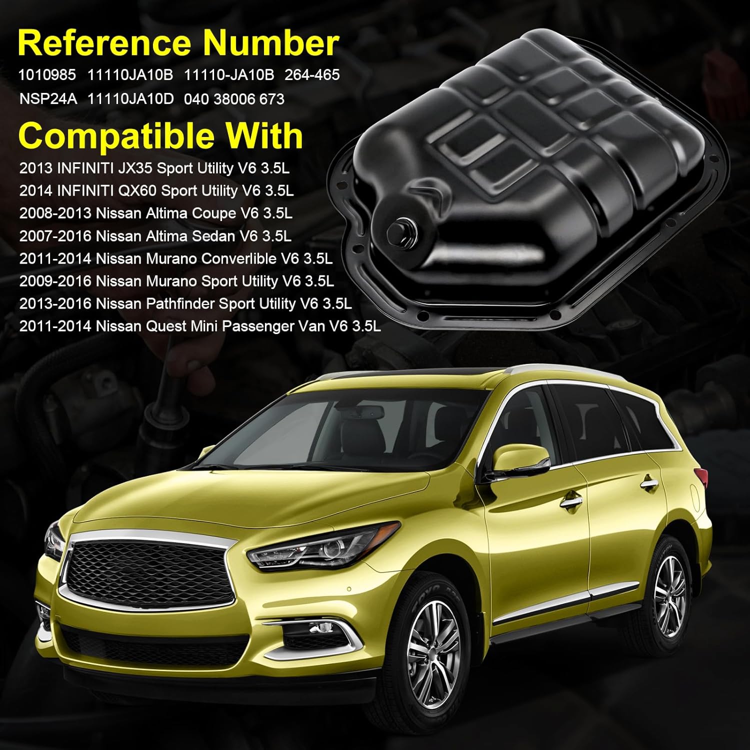 Lower Engine Oil Pan, Compatible with 2007-2016 Nissan Altima, 2009-2016 Murano, 2011-2014 Quest, 2013-2016 Pathfinder ＆ Infiniti 2013 JX35, 2014 QX60, 3.5L, Replace# 11110-JA10B