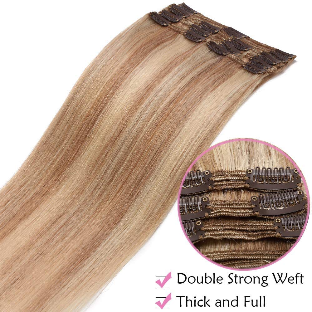 Extension Capelli Veri Clip Folte 8 Fasce Balayage per Capelli Lisci Hair Extensions Double Weft Remy Human Hair Naturali 35cm/120g #18P613 Biondo Cenere/Biondo Chiarissimo