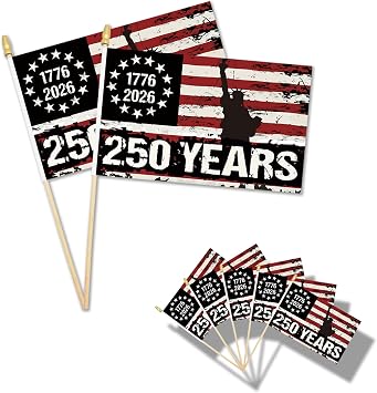 250th American Anniversary Stick Flags 10 Pack - 1776-2026 USA Polyester Handheld Flags with Sticks, Lightweight Small American Flags for Patriotic Decorations, Independence Day, 4th of July Party Favors 8.3" x 5.5" Betsy Ross Flag