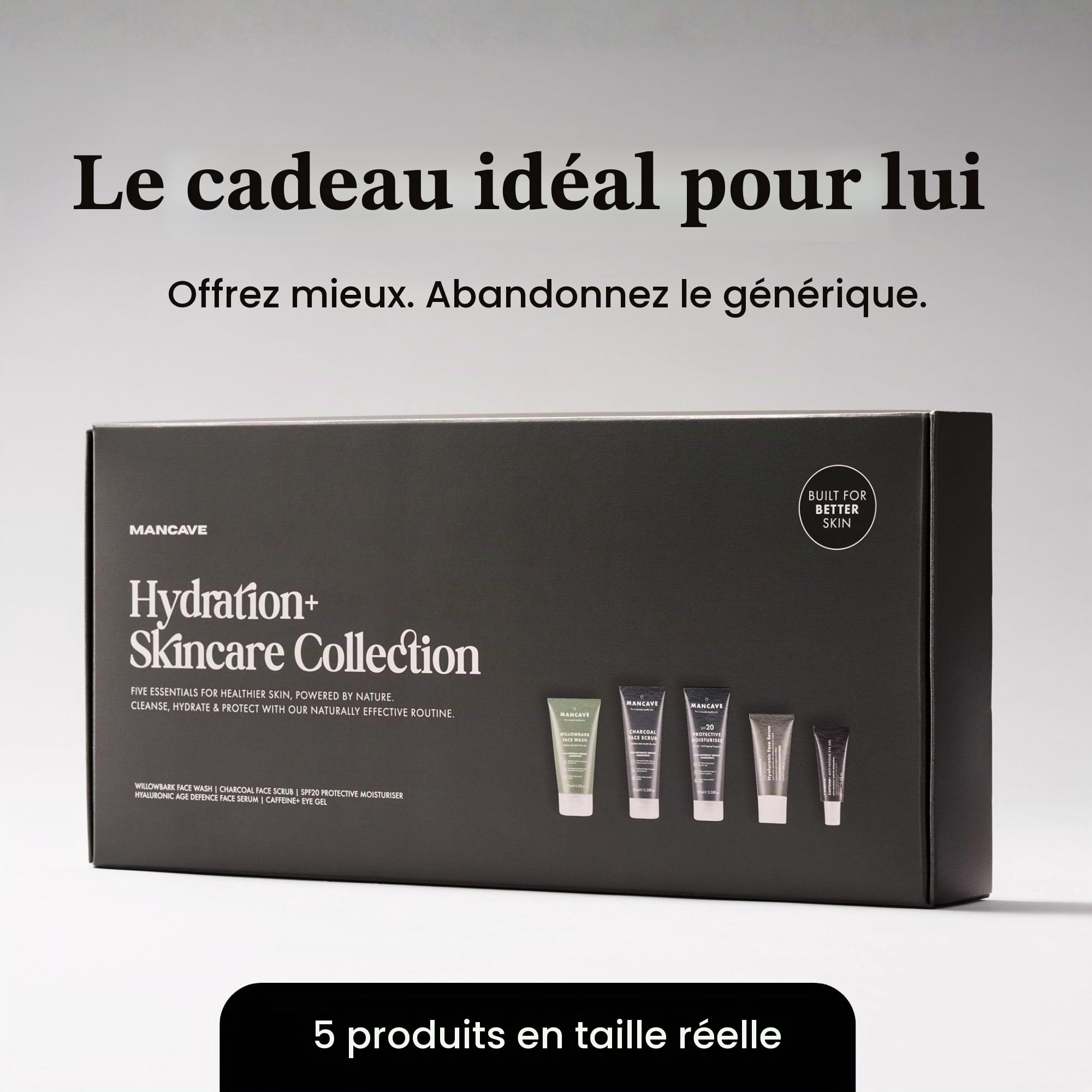 ManCave Hydration Skincare Collection, Coffret cadeau pour hommes, Hydratant protecteur, Nettoyant pour le visage, Gommage pour le visage, Sérum hyaluronique, Gel anti-fatigue pour les yeux