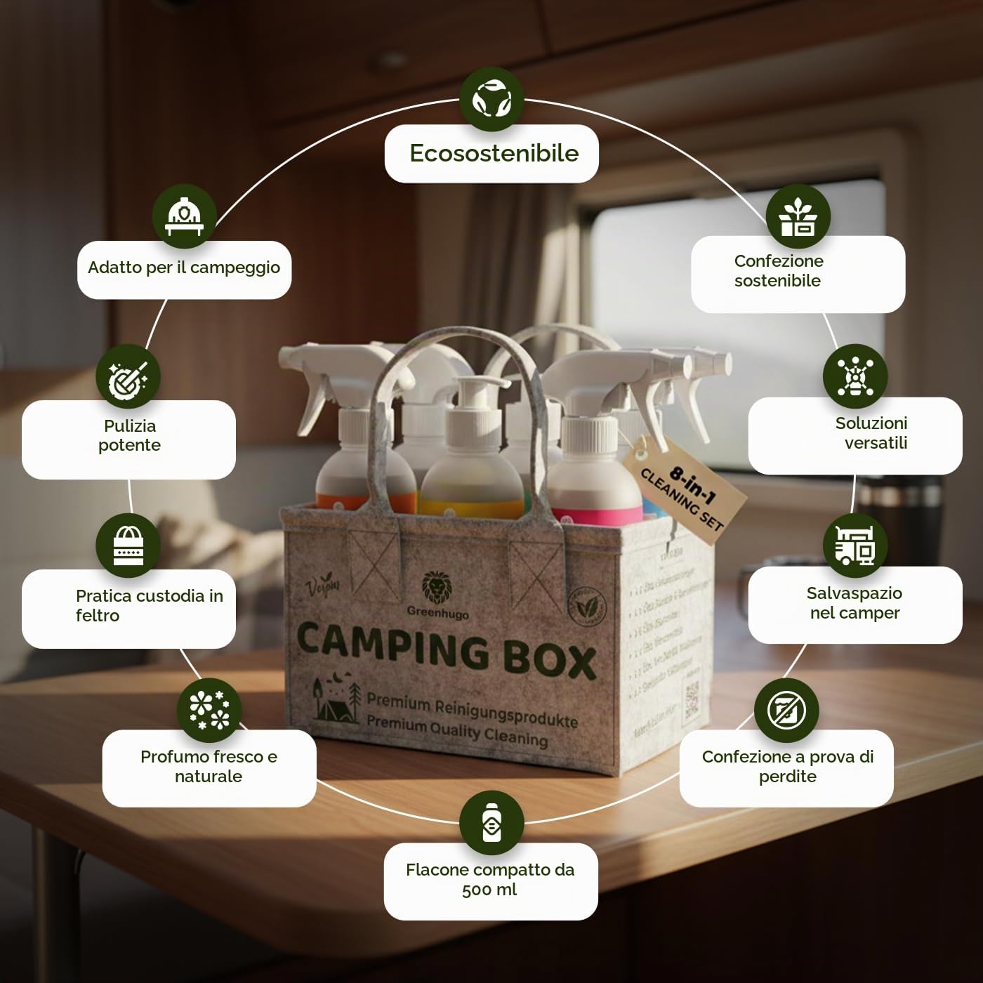 Camping Box – Set Pulizia 8 Pezzi | Eco & Vegan | Detergenti Ecologici per Camper, Campeggio & BBQ | Idea Regalo Premium (1, Camping)