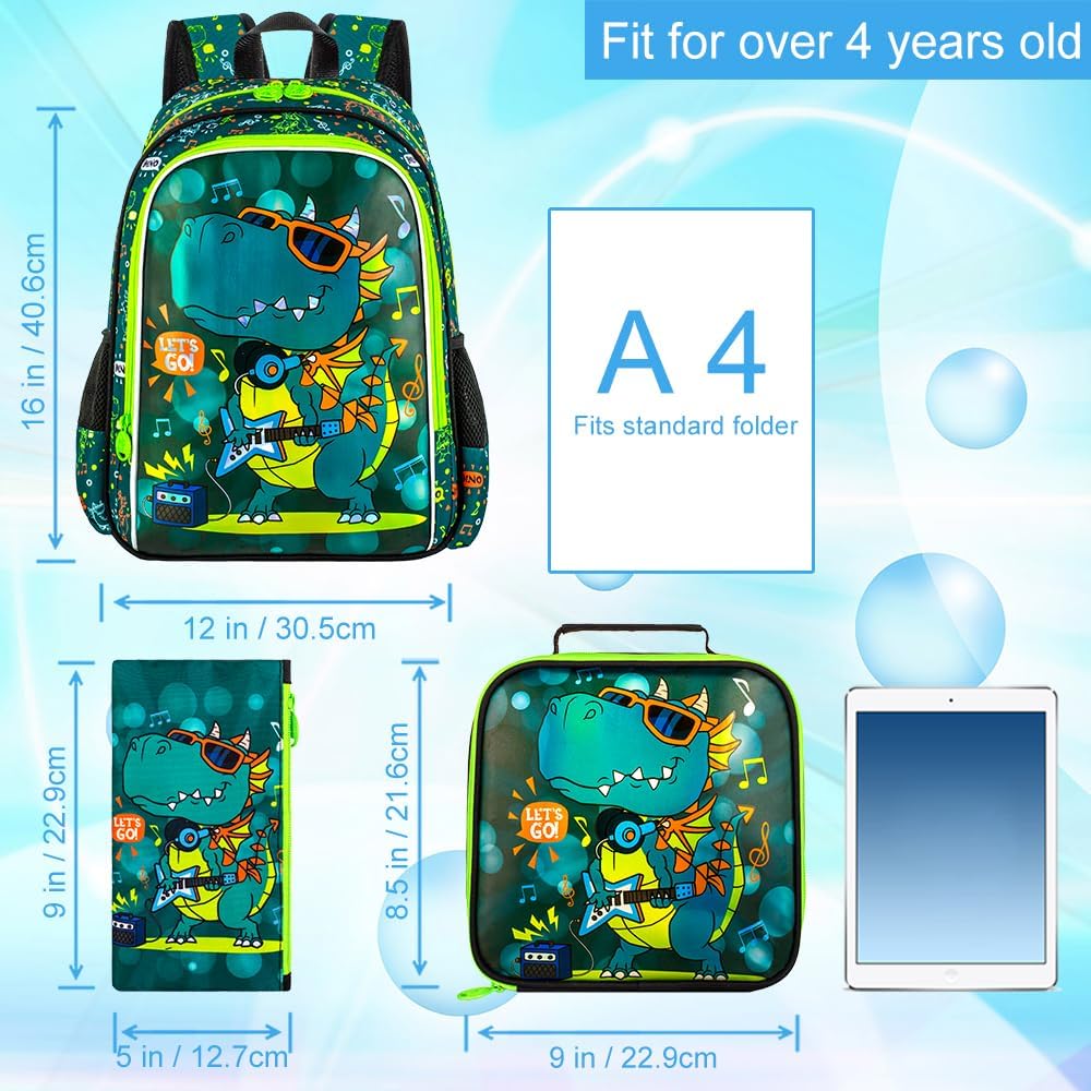 Boys Backpack, 16" Dinosaur Kids Bookbag with Lunch Box, 3Pcs Dino School Backpacks for Elementary Preschool Kindergarten (Green) - Image 5