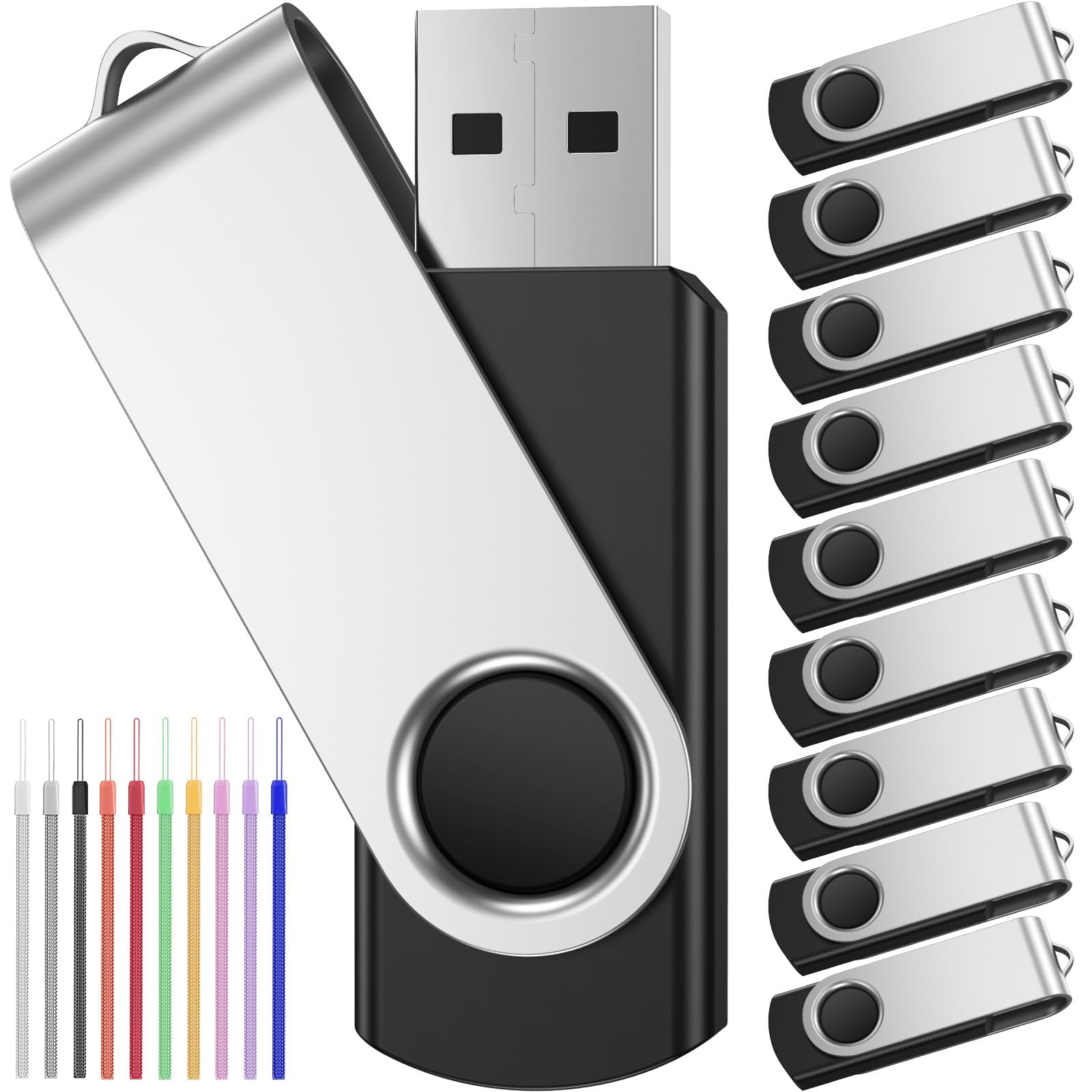 FEBNISCTE Pamięć Flash, 32 GB, opakowanie 10 sztuk, pendrive, 32 GB, pamięć USB 2.0, obrotowa, czarna, pamięć USB, do przechowywania danych, pendrive z 10 szt. wielokolorowymi przewodami