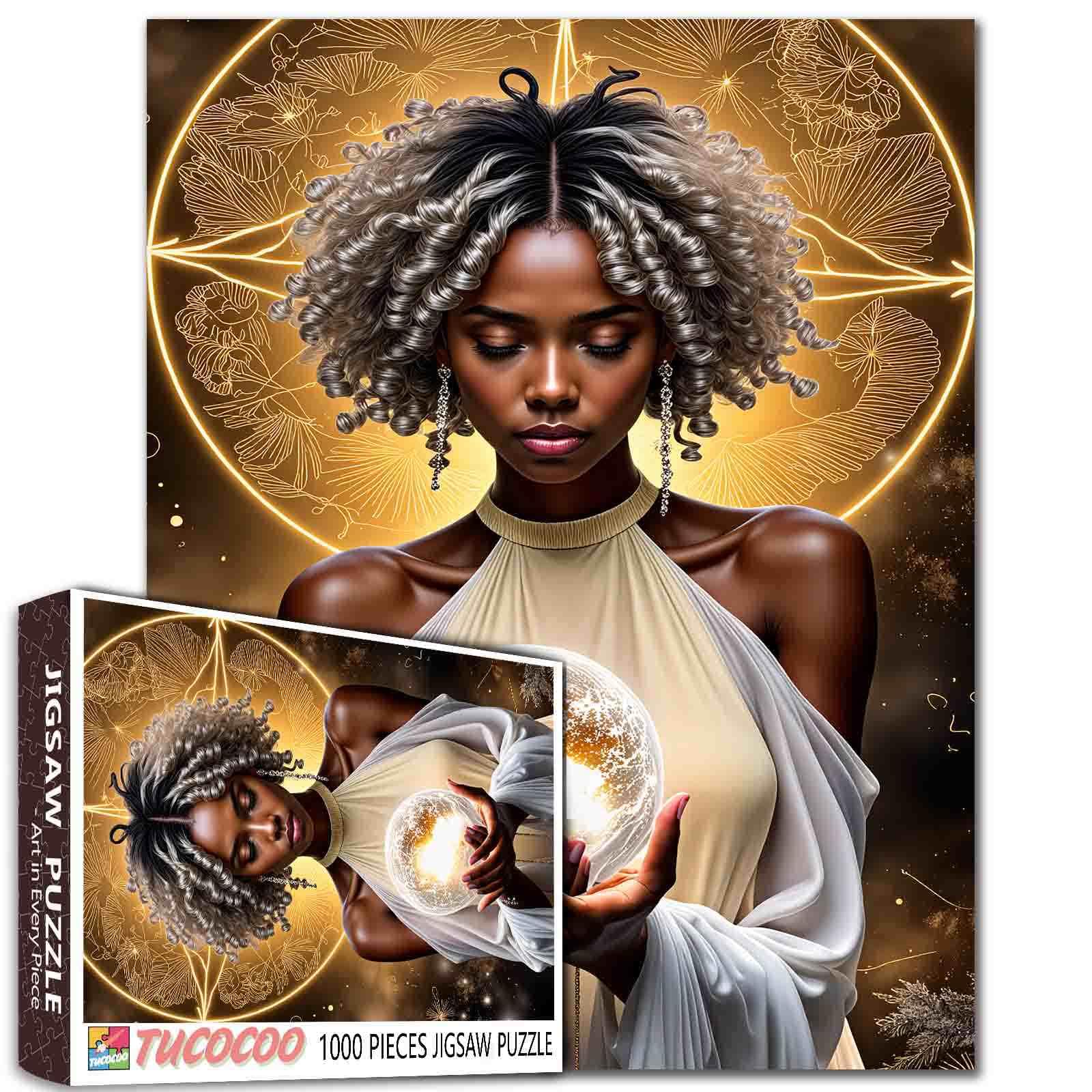 South African Tribal Witch Meditation 1000 Piece Jigsaw Puzzle for Adults Students, Mystical Black Woman Tarot Seer Art Puzzle 20×27 Inches Fantasy Unique Idea Gift for Home Decor Relaxation Game