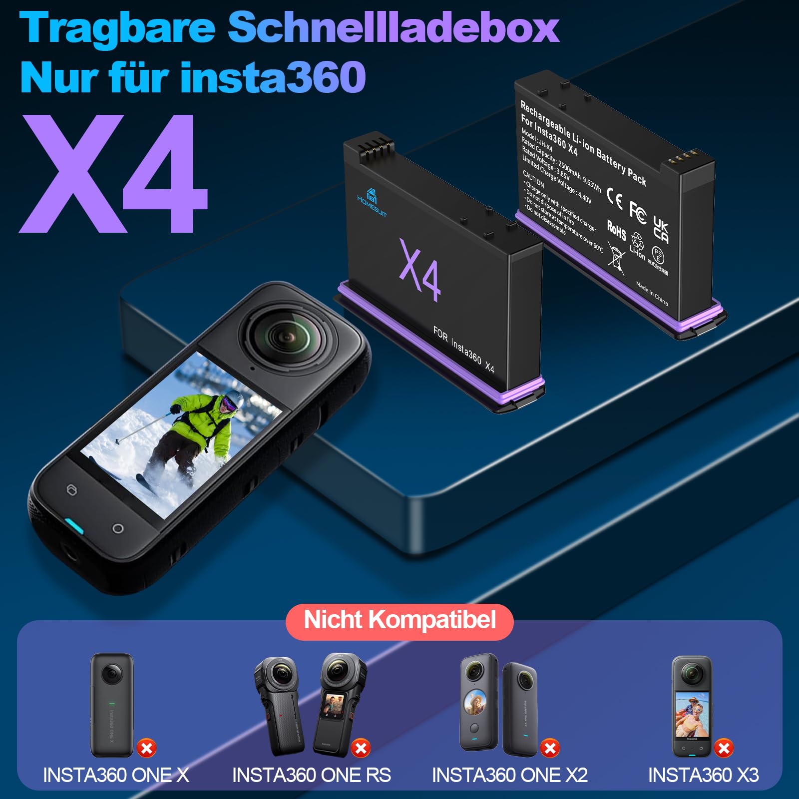 Homesuit 2er-Pack Insta 360 X4 Akku 2500mAh und 3-Kanal USB Ladegerät Kit Kompatibel mit Insta360 X4 Action Kamera Zubehör mit Misro SD Kartensteckplätzen (Not for X4 Air)