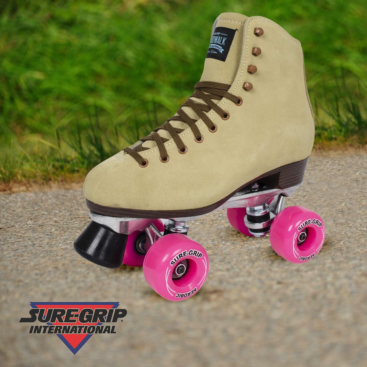 Sure-Grip 1300 Tan Suede Outdoor Roller Skates - Retro Boots with Durable Suede Leather & Polyurethane Aerobic 85A Pink Wheels - ABEC 3 Bearings & Super X Aluminum Plate - Suitable for Men & Women