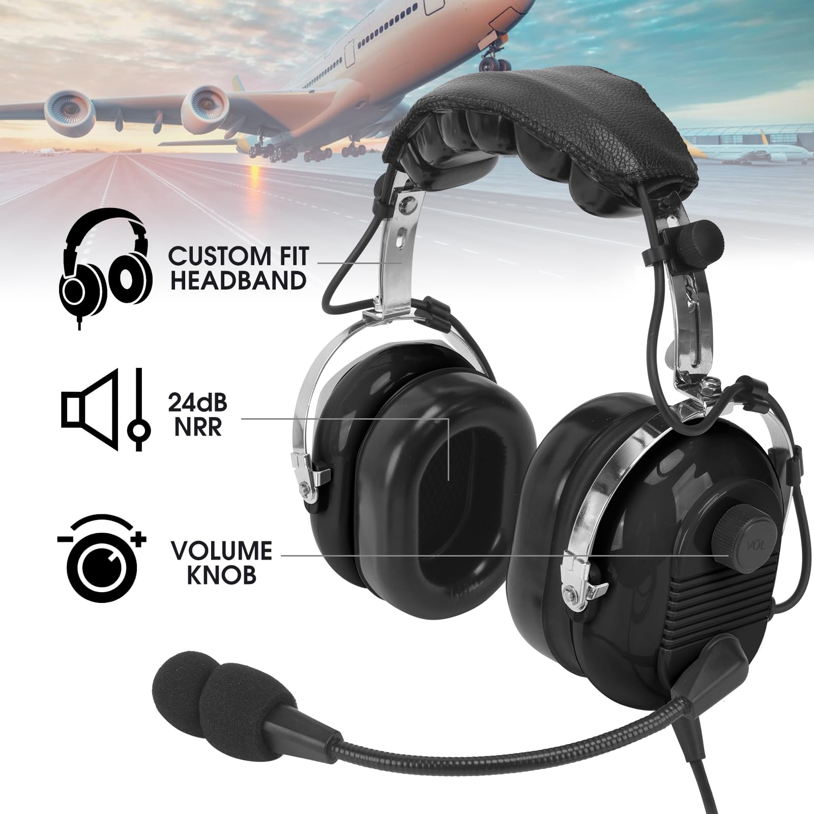 Casque d'aviation GA avec réduction du bruit pour pilotes stagiaires débutants PPL étudiants voyageurs occasionnels aviation entretien équipage au sol amateurs de vol (629-A-Noir)