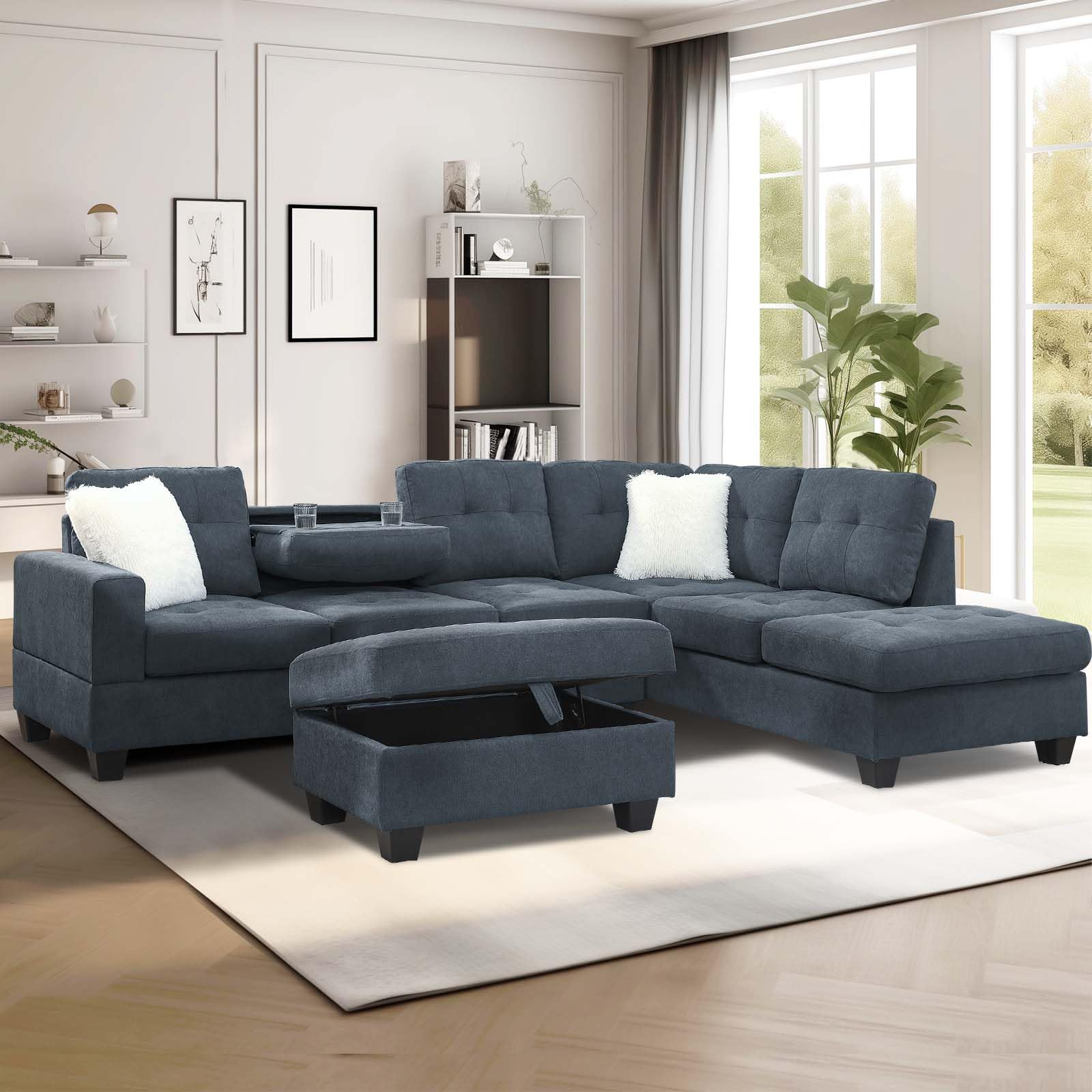 Unovivy 107" Sectional Couches, 6 Seater L Shaped Sofa with Reversible Chaise, Ottoman and 2 Cup Holders, Suitable for Living Room & Large Space, 2 Pillows Included, Dark Gray (Box 1 of 3 ONLY)