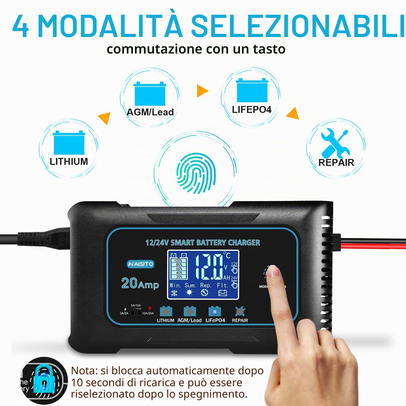 Haisito Intelligente Carica Batterie per Auto Moto 12V/24V 20A, Professionale Rapido Caricabatterie Mantenitore per Batterie al Litio, LiFePo4, Piombo-acido(AGM, GEL, EFB, SLA, VRLA)