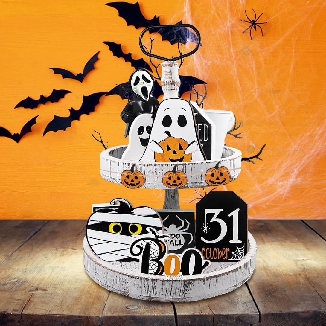 Halloween Decor, Halloween Tiered Tray Decoration, 7 PCS Halloween Wooden Signs, Farmhouse Rustic Indoor Decor for Fall Kitchen Home Table Mini Decor Halloween Party Supplies (Pumpkin Ghost Set)