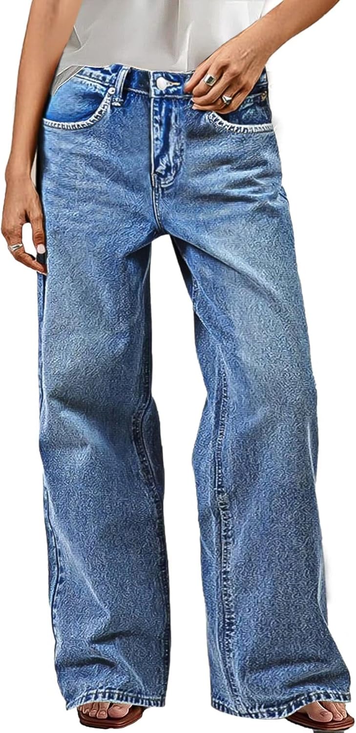 Flamingals Wide Leg Jeans for Women Mid Waist Baggy Stitch Decor Denim Washed Pants Without Belt