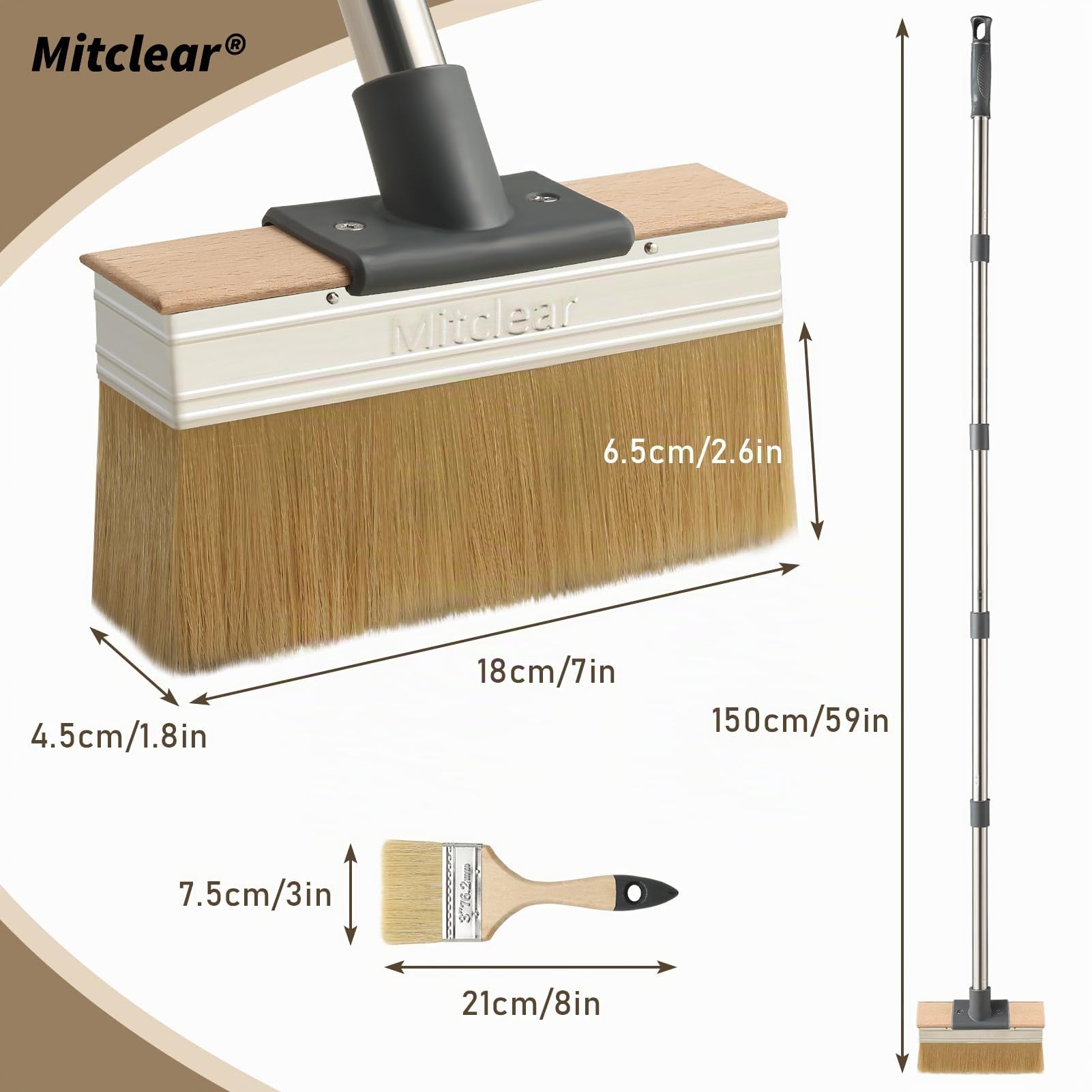 Mitclear Brochas Pintura para Cubiertas con Mango Largo (150cm), Pincel Plano de 18cm con Cerdas Gruesas, Brocha Pintura de Suelo Madera Exterior, Cepillo de Pintura para Grandes Superficies, Barniz