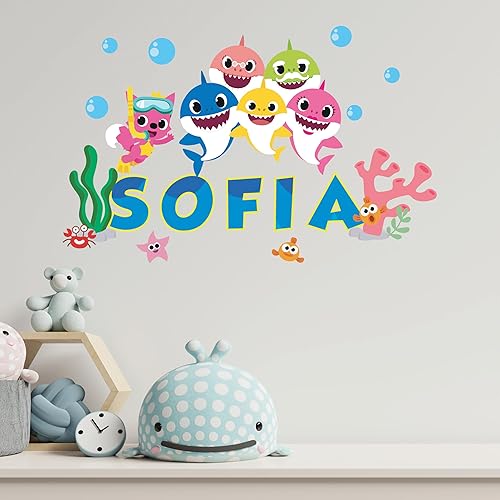 Miniatura 2 de Calcomanías de pared de tiburón bebé, calcomanías personalizadas, colores brillantes, calcomanía de tiburón bebé, nombre personalizado, calcomanía