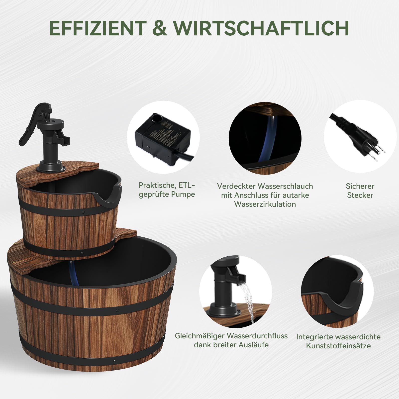 Aoxun Brunnen Holz, Gartenbrunnen mit Pumpe, Holzbrunnen Holzfass Zierbrunnen, für Springbrunnen Gartendeko, Garten Rasen Terrasse Hinterhof, 44,5 x 61 cm, Braun