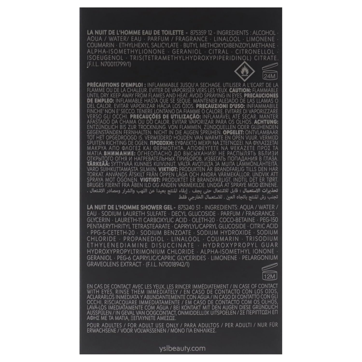 La Nuit De LHomme by Yves Saint Laurent for Men - 2 Pc Gift Set 3.3oz EDT Spray, 1.6oz Shower Gel