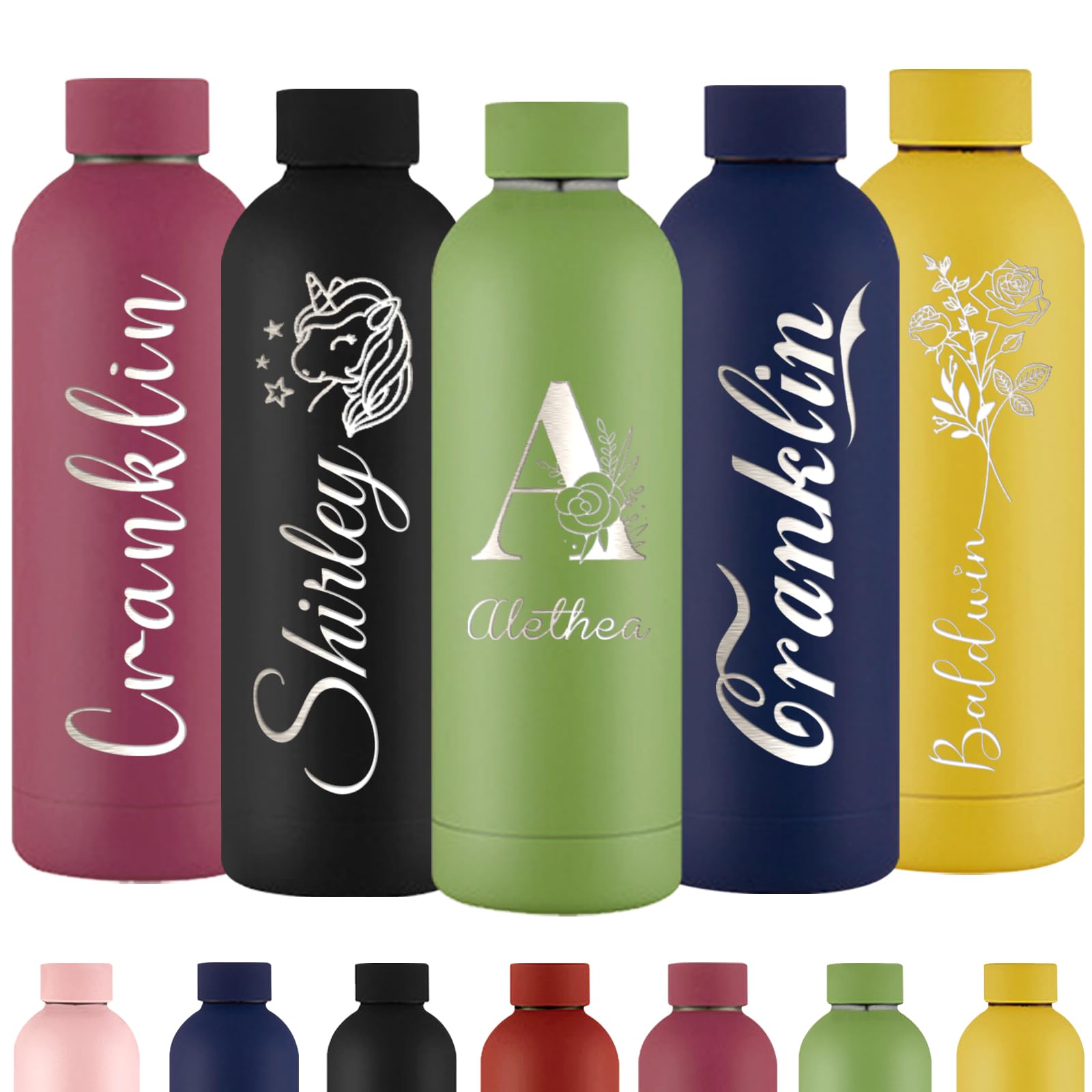 Xihedfd Personalised Water Bottles Custom Engraved Water Bottle with Name Customised Insulated Stainless Steels 500ml Water Bottle for School Office Sport