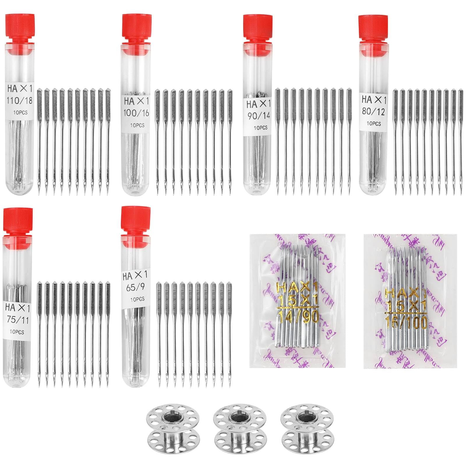 80Pcs Universal Household Sewing Machine Needles 6 Sizes 65/9 75/11 80/12 90/14 100/16 110/18 Needle with Storage Tubes Bobbins Threader Multipurpose Needles for Cloth Fabric Sewing Work Supplies