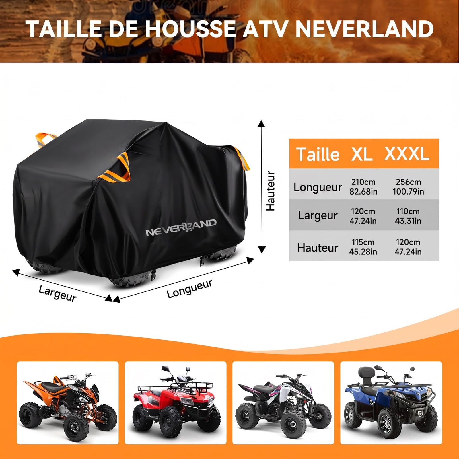 NEVERLAND Housse pour Quad ATV Imperméable XXXL, 256 x 110 x 120 cm | Bâche 210D Oxford avec revêtement PU, résistante à la pluie, neige et poussière, avec poignées réfléchissantes et sangle.
