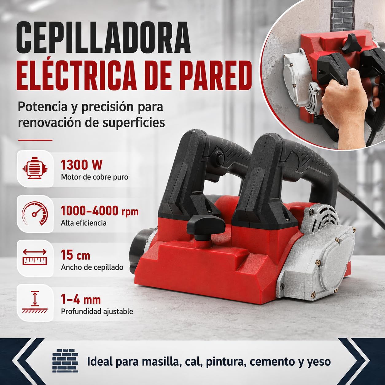 Máquina Eléctrica de Cepillado de Pared, 1680W Molino de Rodillos de Hormigón Molino de Pared Molino de Yeso 4000u/Min, Para Raspar Masilla, Cal, Pintura, Rojo
