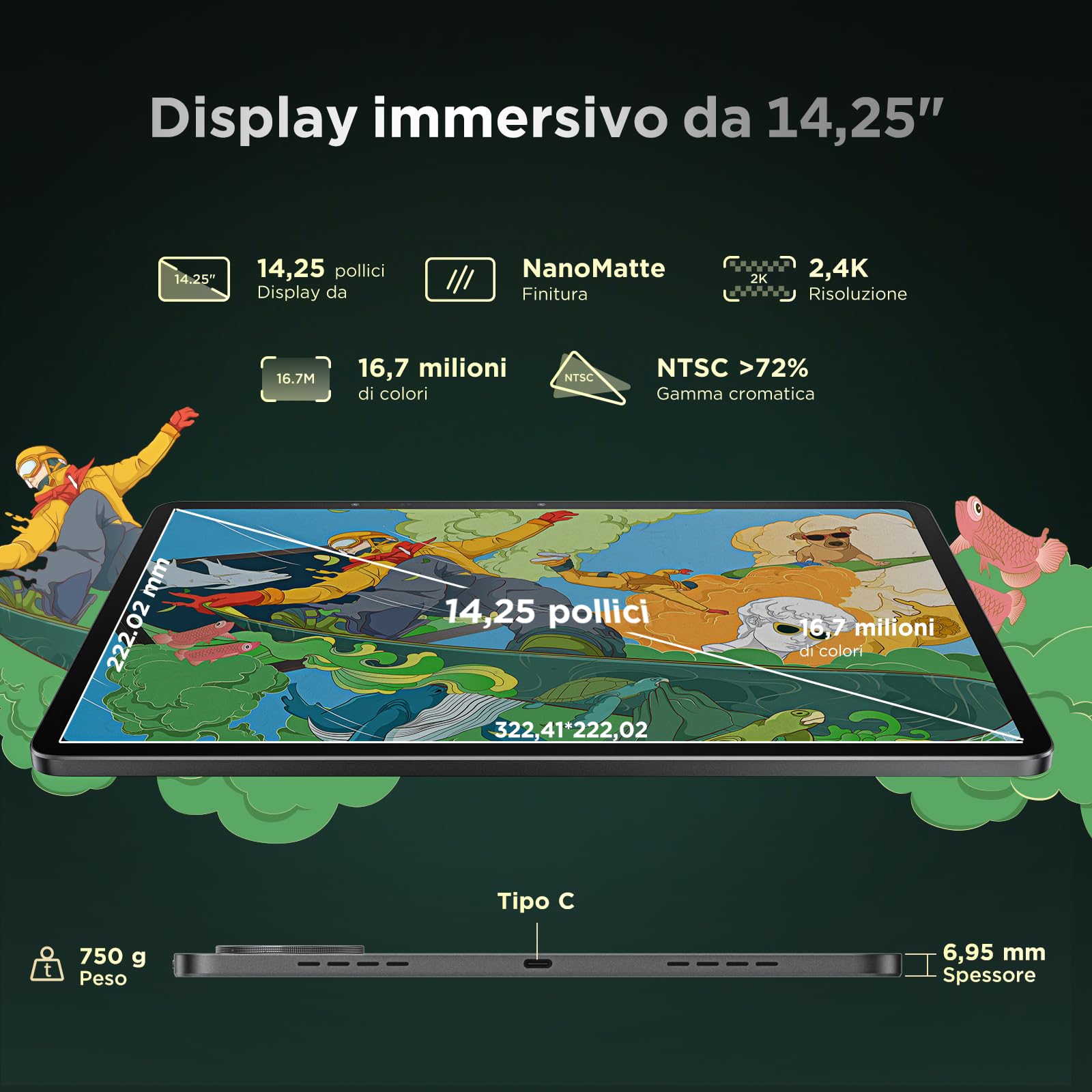 Ugee Android tablet UT3 14,25 pollici, Octa Core con Grafica Indipendente e Sensore U da 8 GB + 256 GB, Batteria 10000 mAh