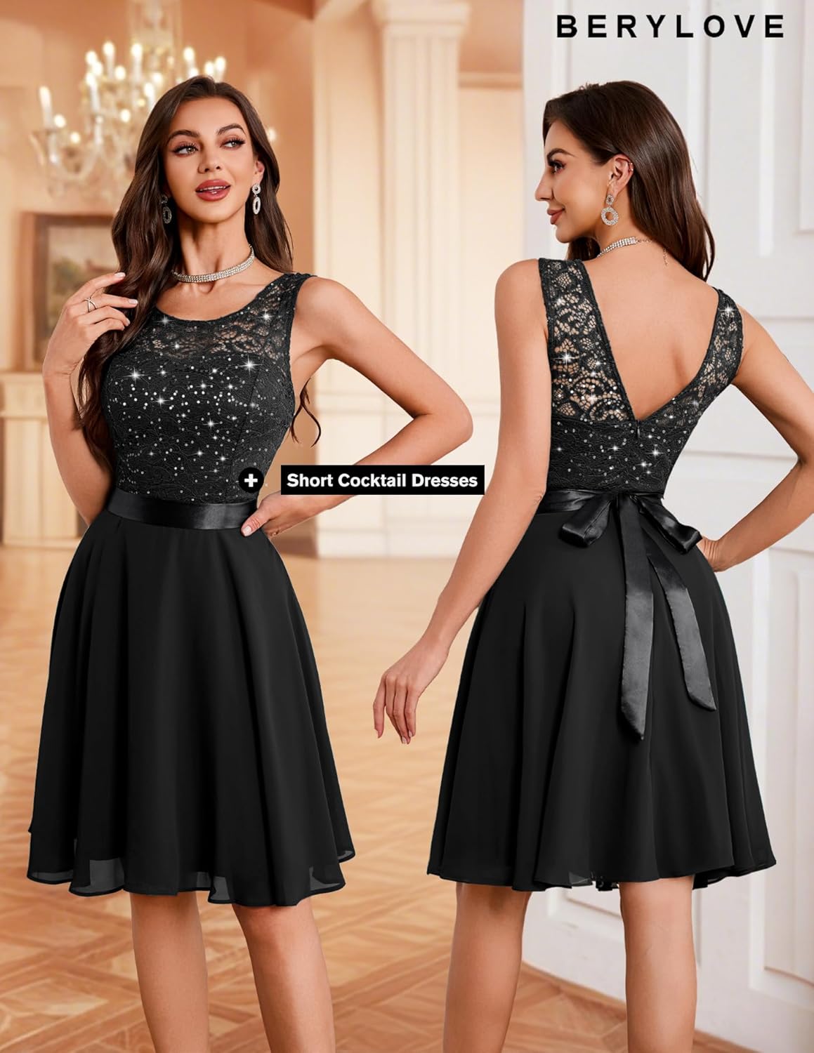 BeryLove Women's Short Prom Dresses for Teens Sleeveless Flowy A Line Wedding Guest Lace Formal Dress - Image 2