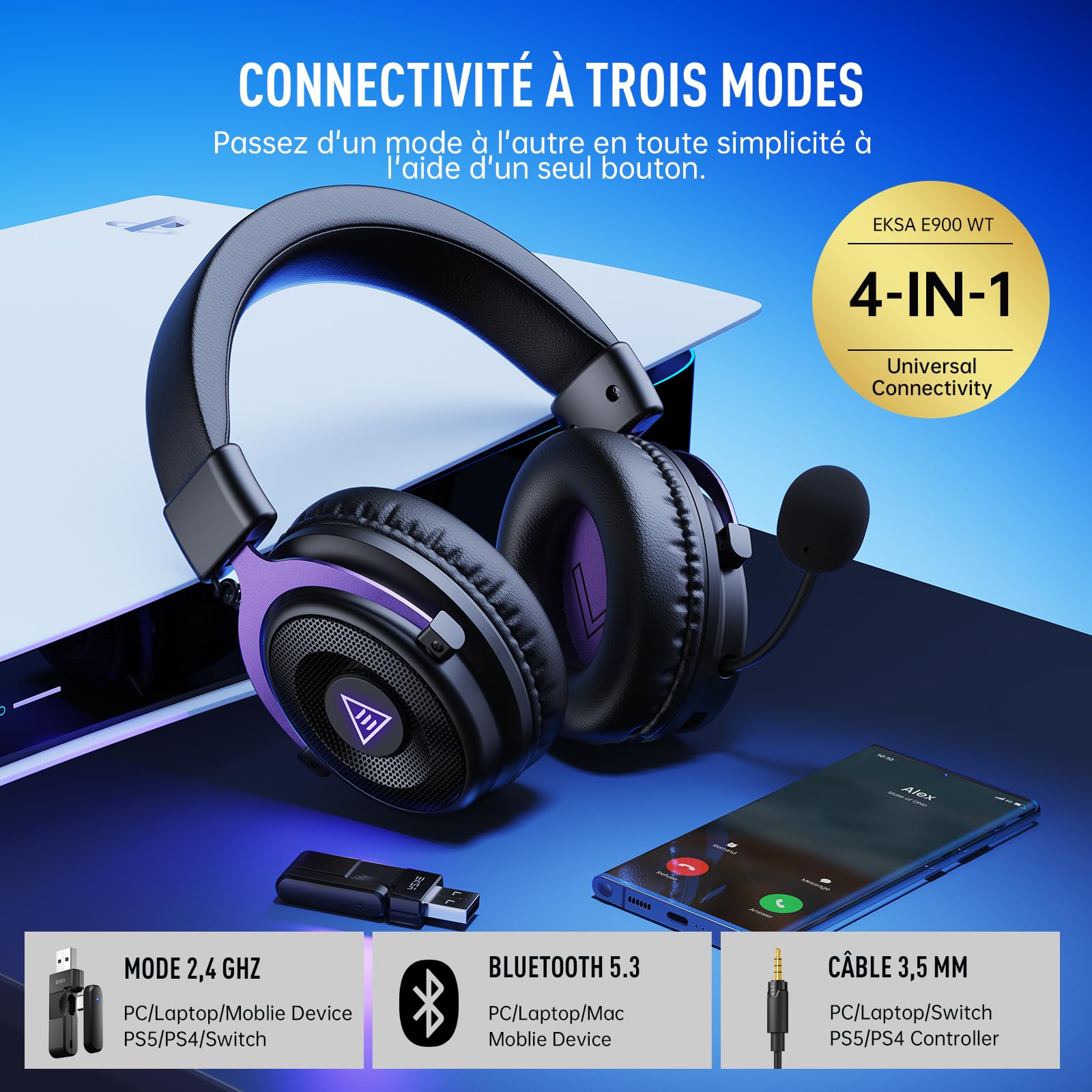 EKSA E900WT Casque Gaming sans Fil PS5/PS4/PC, Casque Gamer Bluetooth 5.3, 2.4GHz USB&Type-C Latence 30MS, Casque avec Micro Anti-Bruit Rétractable, Batterie 80H, LED pour Switch/Laptop/Mac/Mobile
