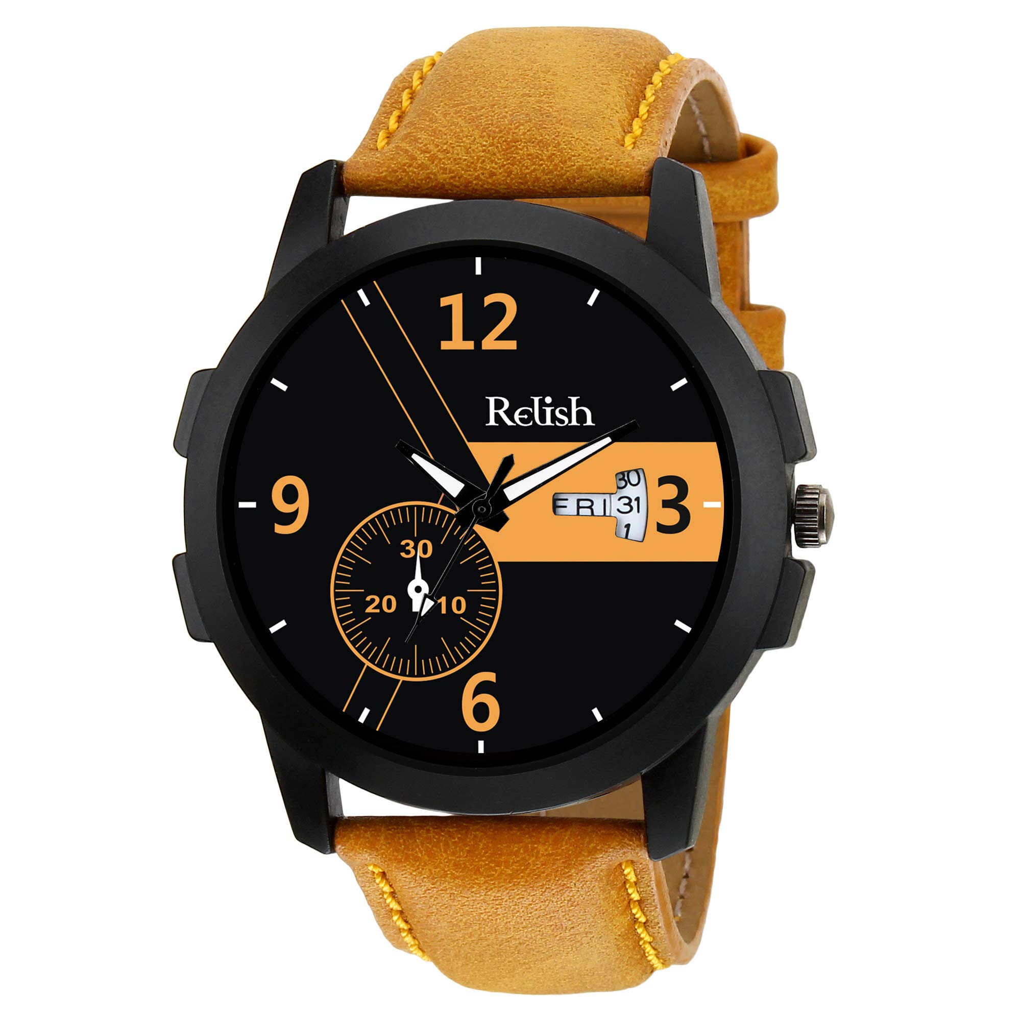 Relish Mens Black Stainless Steel Case Leather Strap Day and Date Wrist Watch for Boys and Mens | RE-BT976DD (B07H9VVYKY) Amazon Price History, Amazon Price Tracker