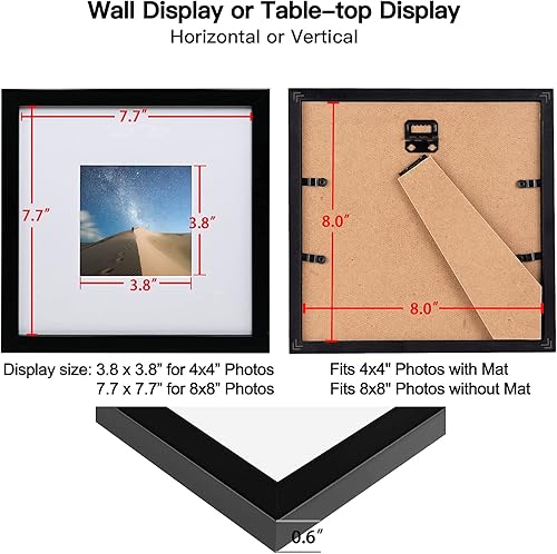 Vista 199 de KINLINK Juego de 4 portarretratos de 12 x 12 pulgadas, cuadrados de madera mate de 8 x 8 pulgadas con plexiglás para 8 x 8 pulgadas con paspartú