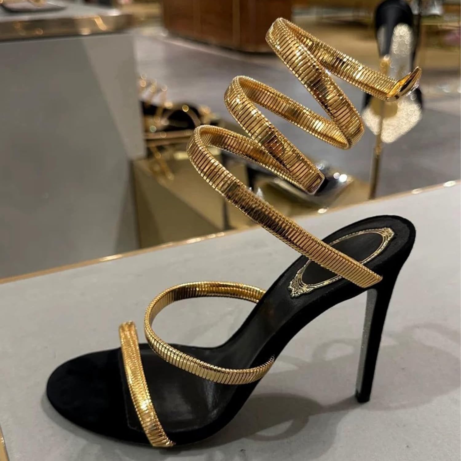 Women's Metallic Luster Ankle Wrap Stiletto Sandals with Spiraling Straps, Open Round Toe High Heels for Party Evening Wedding Prom Dress and Summer Pumps