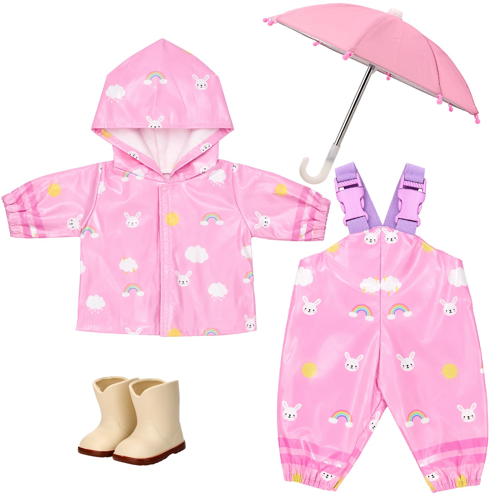 Miunana Baby Doll Clothes Raincoat Boots Umbrella for 14-18 Inch Doll, Pink