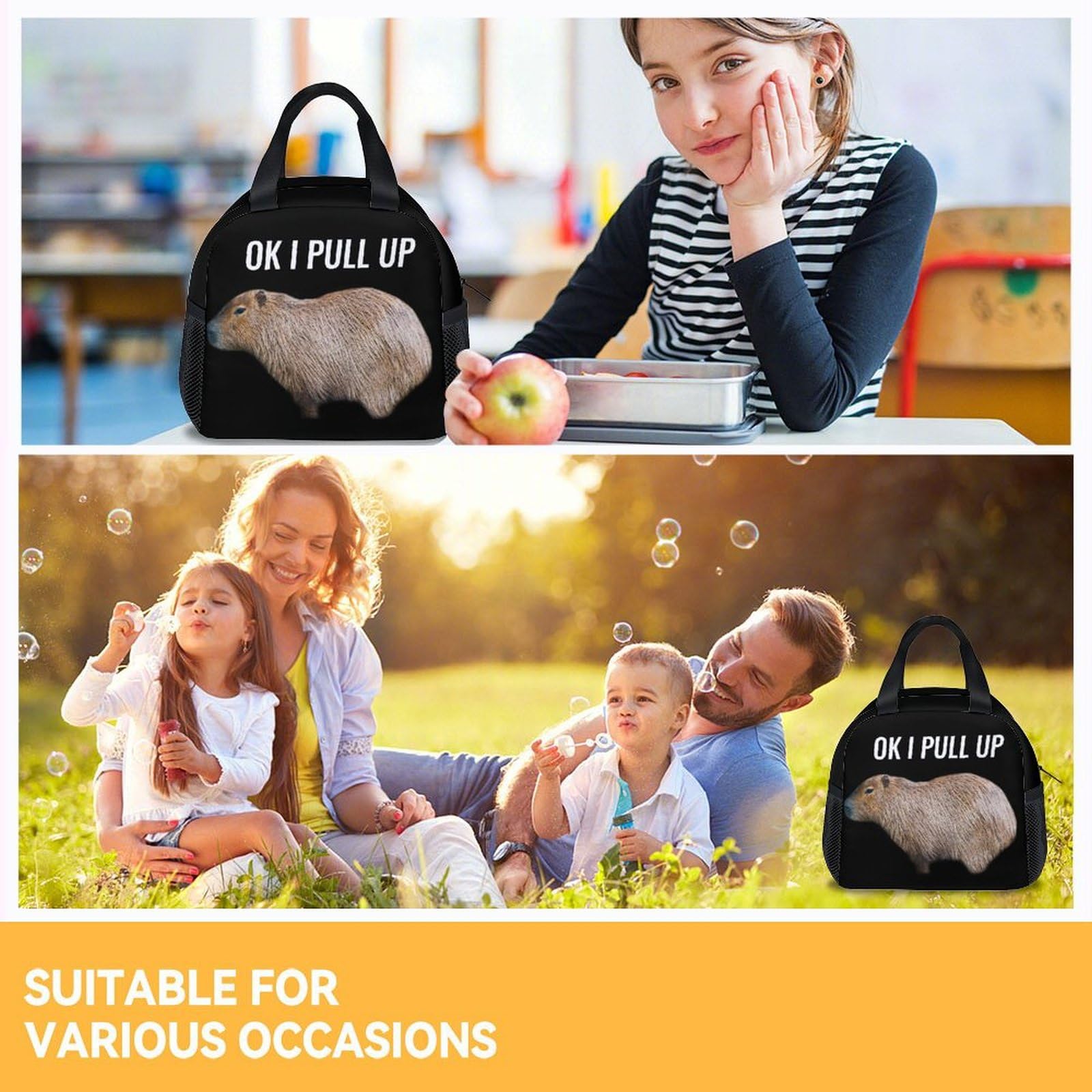 Mercuryelf Lunch Bag for Women Men, Insulated Lunchbox for Girls Boys, Black Funny Lunch Bags Reusable, Small Foldable Lunchbag for Work School
