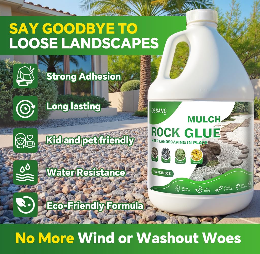 Rock Glue 1 Gallon for Landscaping Gravel and Mulch, Spray for Pea Gravel Bark and Stone, Outdoor Granite Binder for Garden Beds and Paths