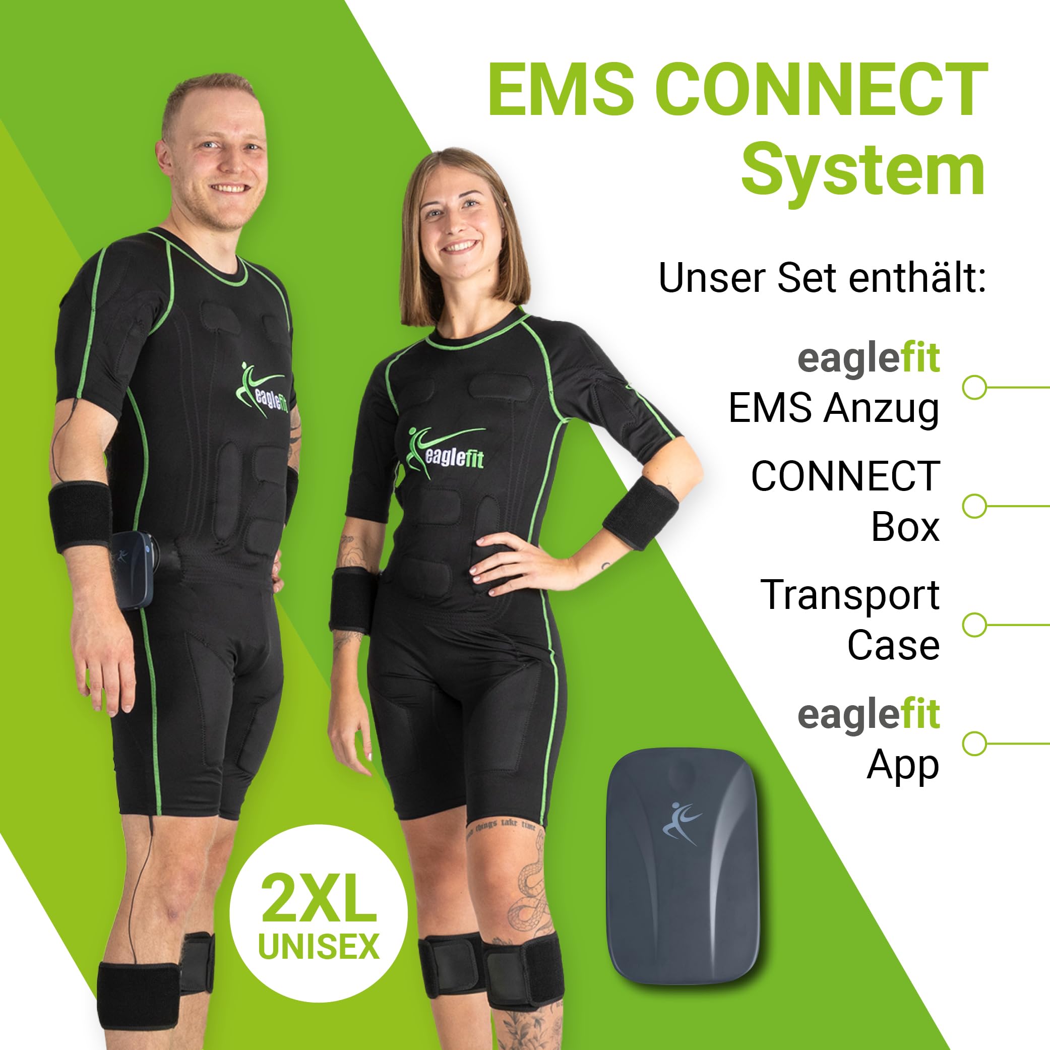 eaglefit - Connect EMS Anzug mit 28 Elektroden inkl. Box zur Steuerung - Training für Zuhause, Kleidung für Ganzkörper-Workout, Muskeltrainer, Bauchtrainer, gezielte Muskelstimulation Damen & Herren