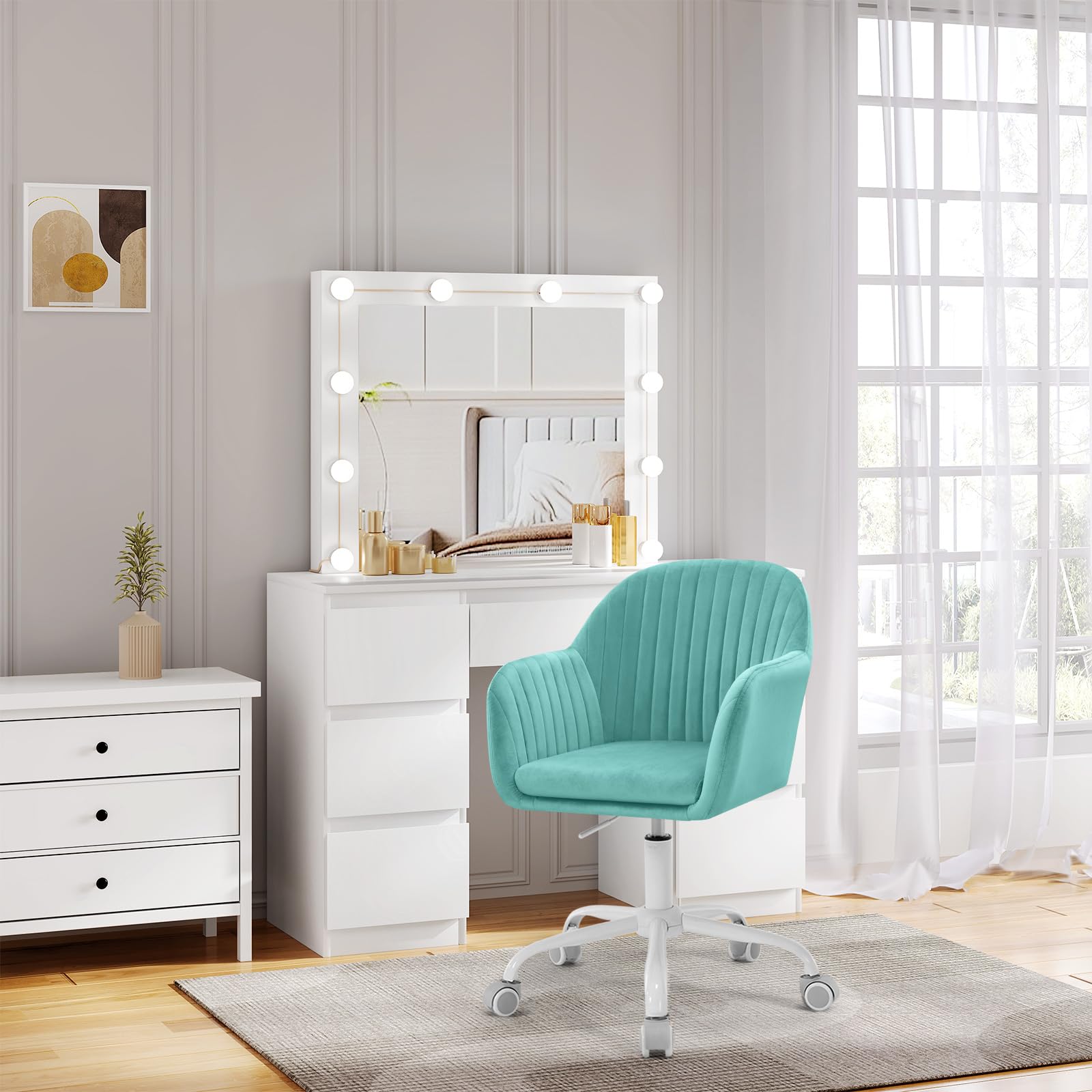 WOLTU Silla de Oficina en Casa, Silla Giratoria, Terciopelo, Turquesa | Giratoria con Ruedas, con Respaldo Ancho y Asiento Amplio, Altura Ajustable