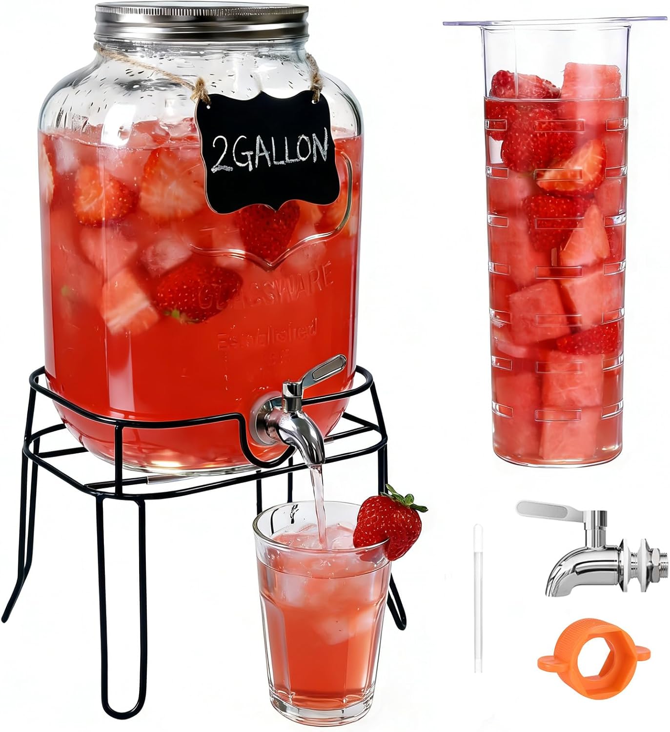 2 Gallon Glass Drink Dispenser For Parties,Beverage Dispenser with Stand,Lemonade Dispenser with 304 Stainless Steel Spigot Leakproof for Sun Tea,Homemade Juice,Picnic