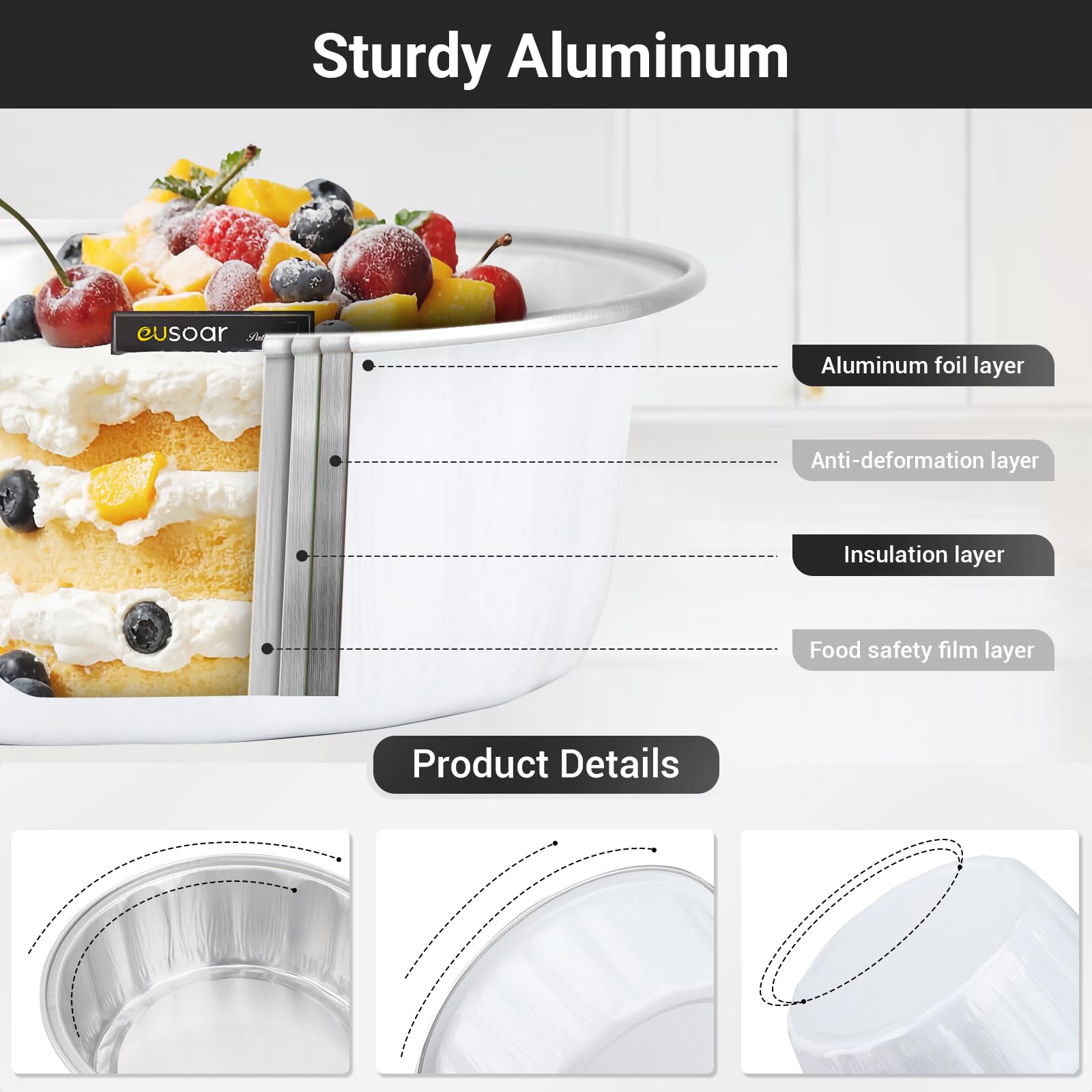 EUSOAR Contenedores de delicatessen con tapas, 100 piezas de papel de aluminio blanco de 9 onzas para hornear, ramequines desechables, pasteles, cupcakes, pan, pudín, pan, pan, pan, pan, sartenes,
