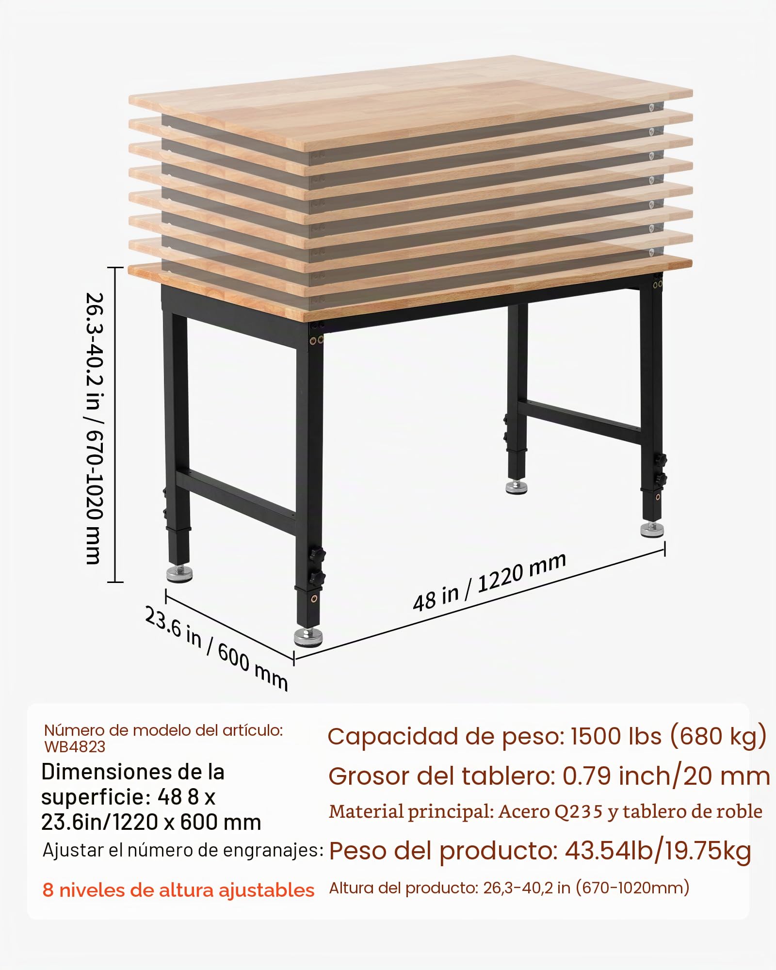 VEVOR Banco de Trabajo 122 x 60 cm, Mesa de Taller Altura Ajustable de 8 Niveles de 67-102 cm, Carga de 680 kg, Mesa de Madera Grosor del Tablero de 2 cm Marco de Metal para Oficina, Garaje, Hogar