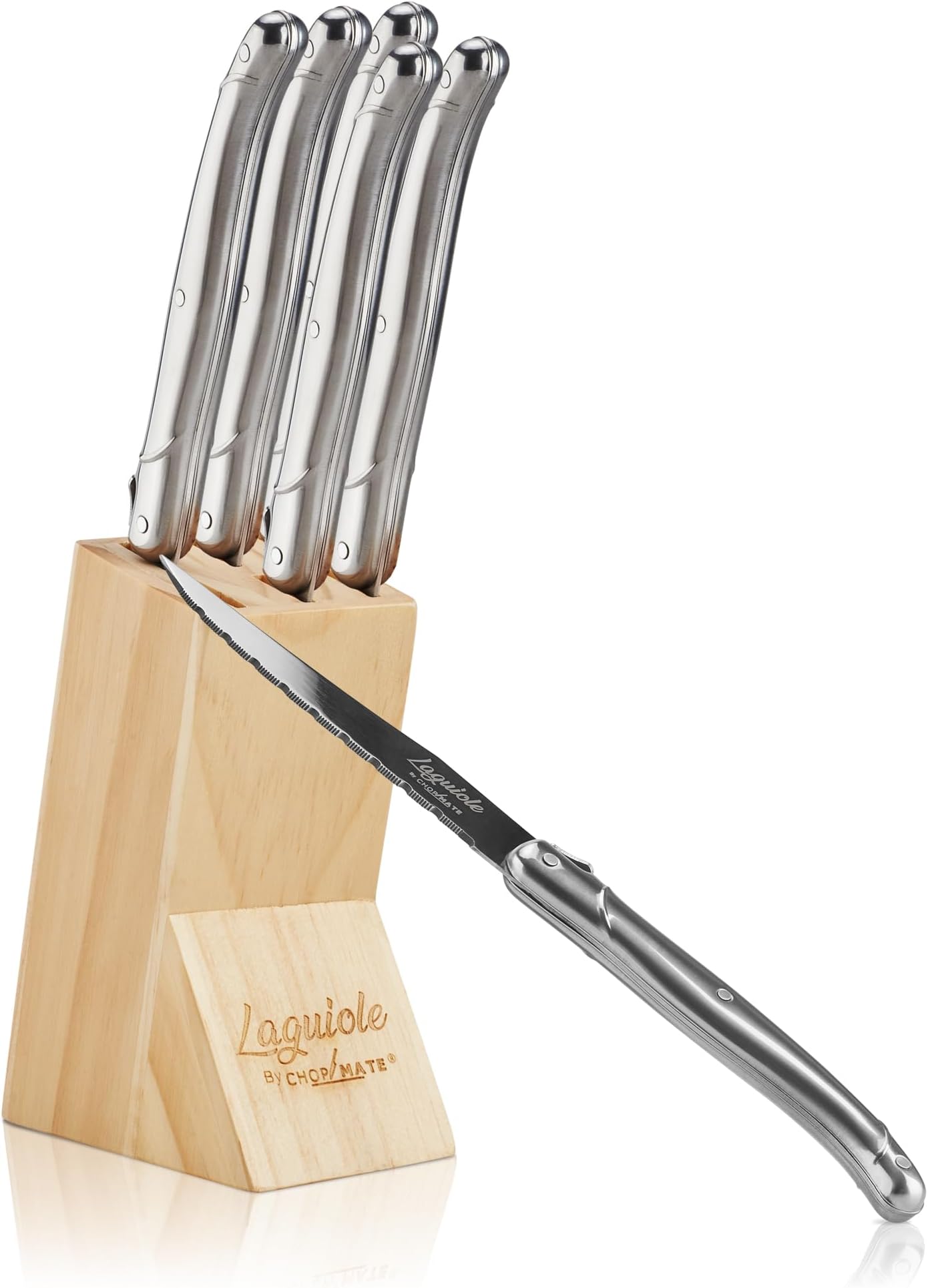 Laguiole Premium Steak Knife Set - 4.5 inch - All Steel Edition - Razor Sharp Kitchen Knives - Forged Stainless Steel - Full Tang Handle - 6 Piece Set + Wood Storage Display Block