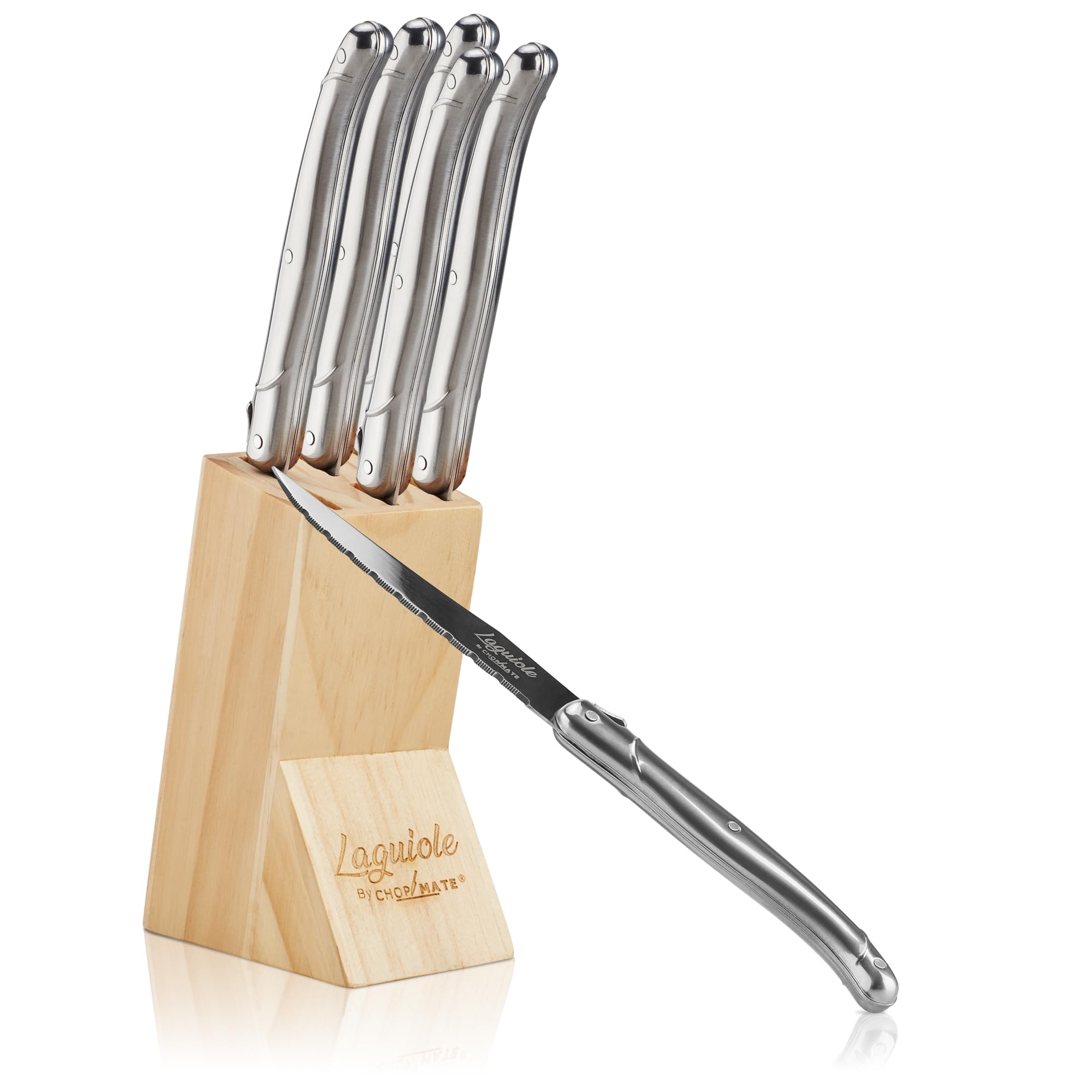 Laguiole Premium Steak Knife Set - 4.5 inch - All Steel Edition - Razor Sharp Kitchen Knives - Forged Stainless Steel - Full Tang Handle - 6 Piece Set + Wood Storage Display Block
