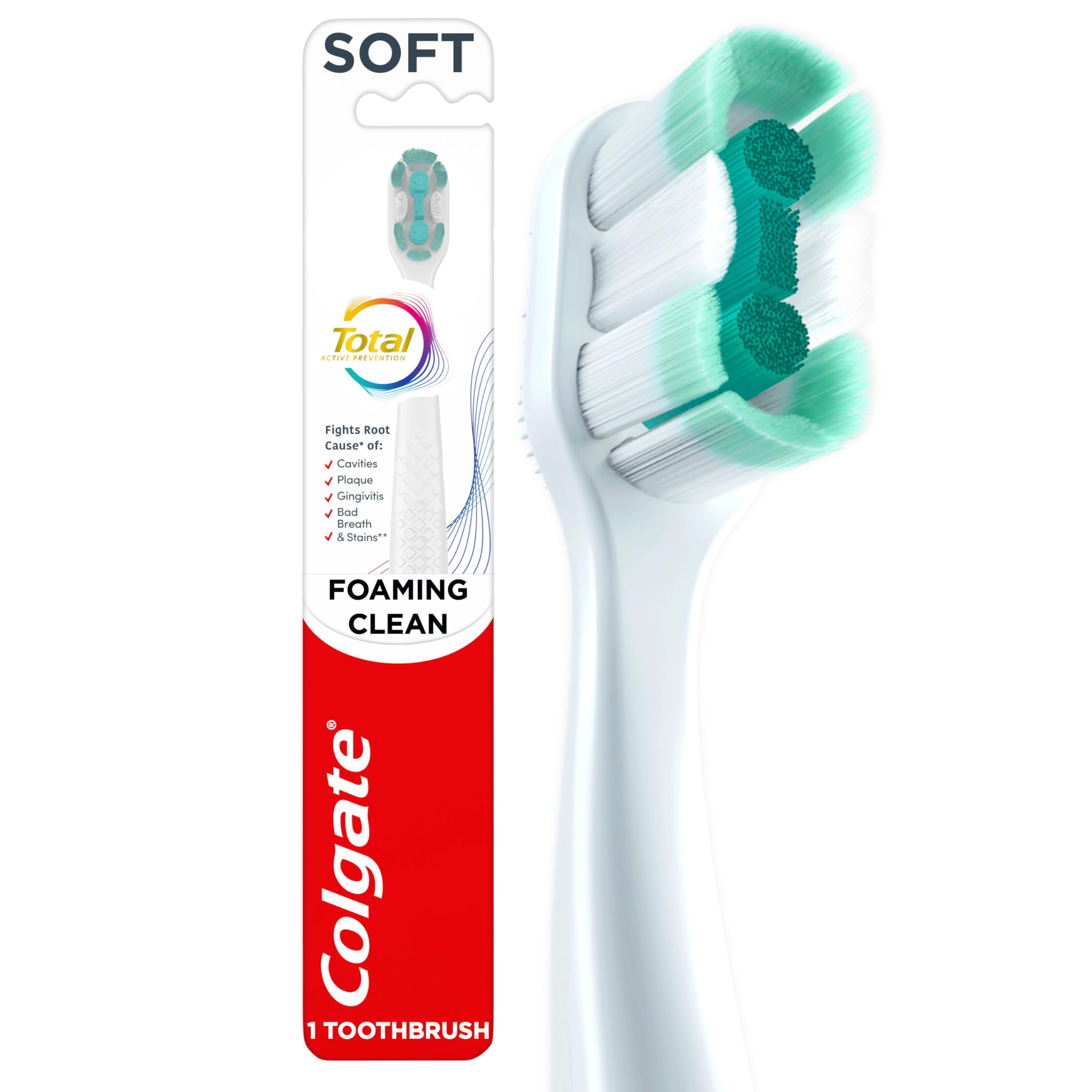 Colgate Total Active Prevention Foaming Clean Soft Toothbrush Soft Bristle Toothbrush for Plaque Removal Helps Reach Deeper Along