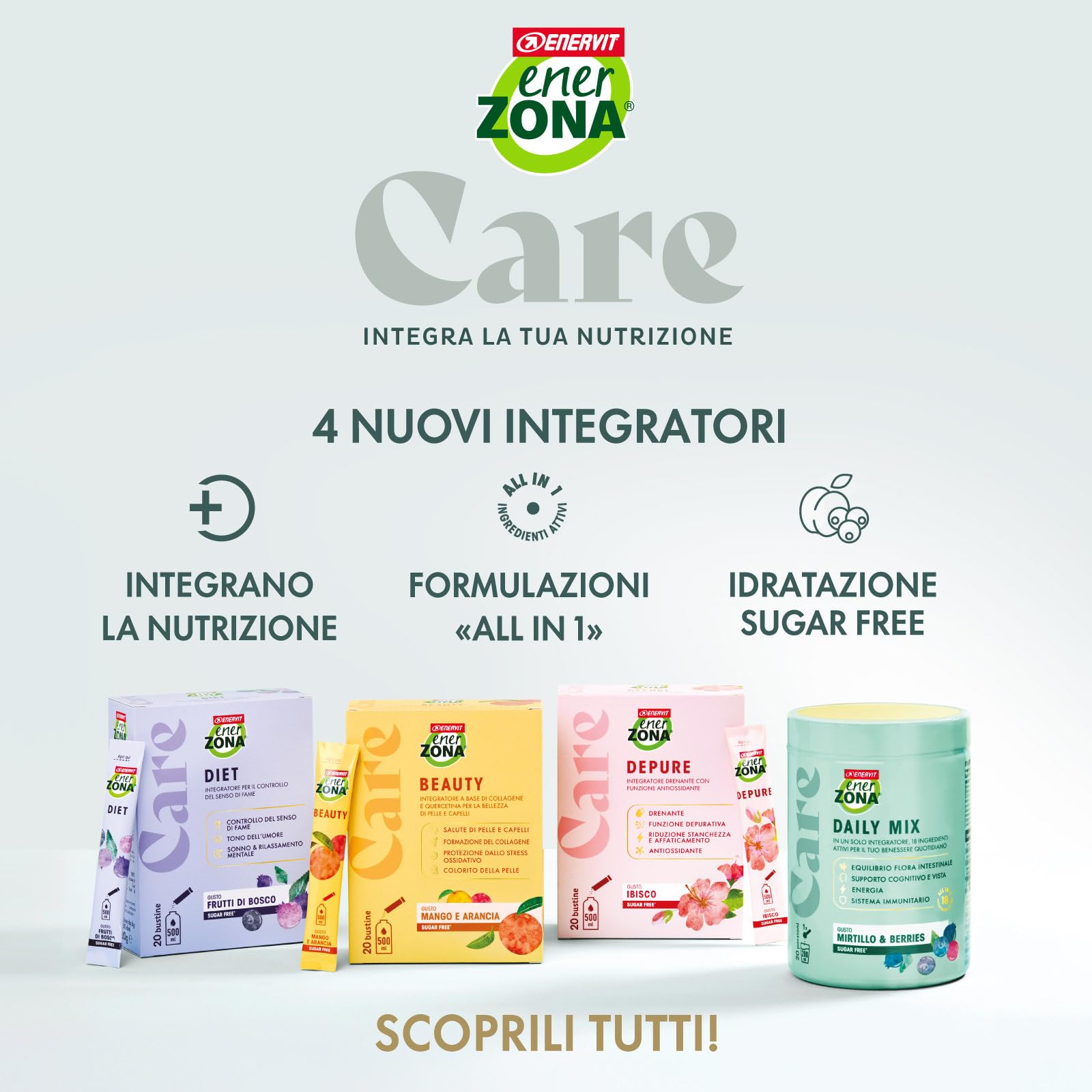 Enervit EnerZona Care Beauty, Integratore Alimentare con Collagene Idrolizzato VERISOL, Formazione di Collagene, 20 Bustine, Zero Zuccheri e Zero Calorie, Gusto Mango e Arancia, Senza Glutine