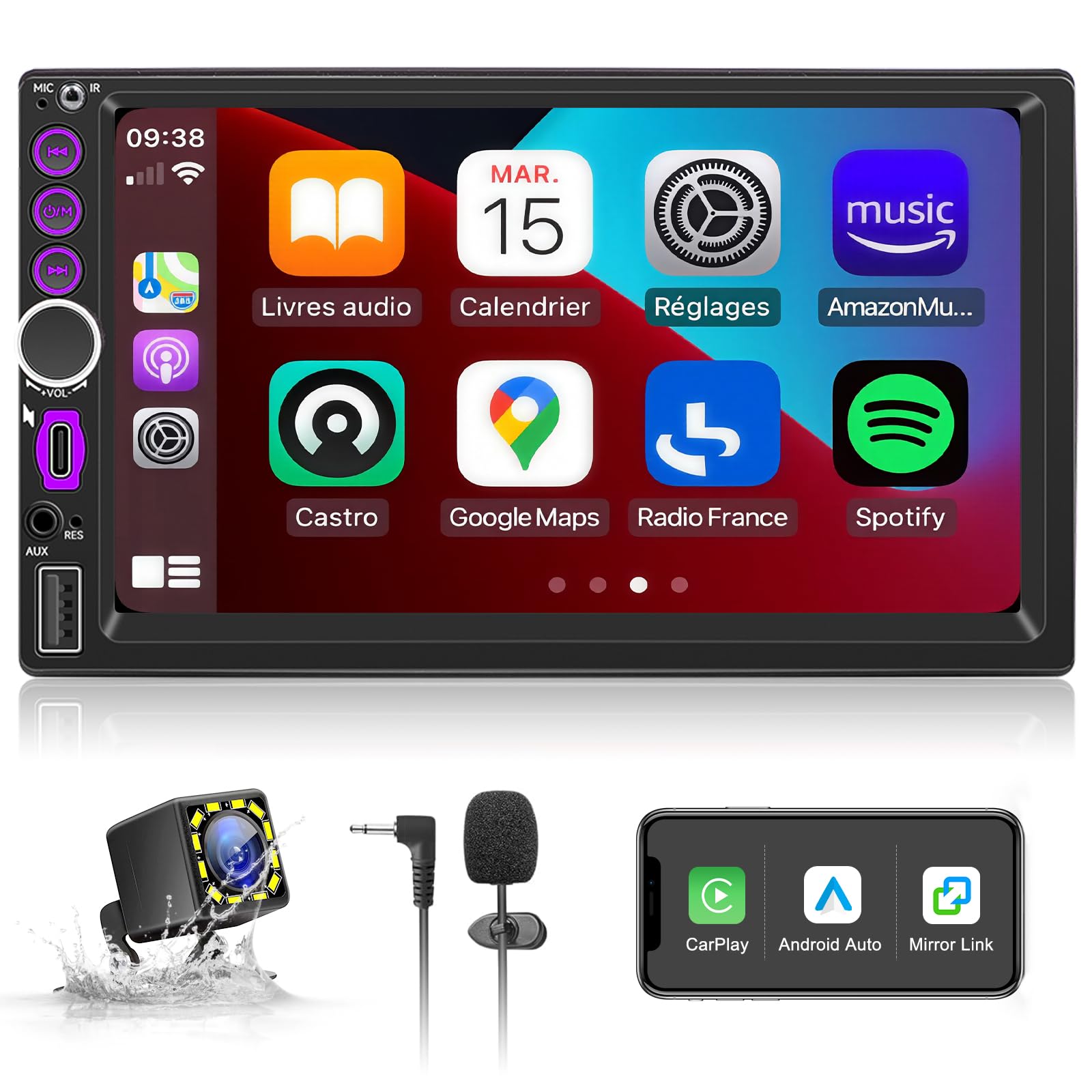 Autoradio 2 DIN mit Wireless CarPlay und Android Auto, 7 Zoll Touchscreen Bildschirm, Bluetooth Freisprecheinrichtung, FM Radio, Mit Rückfahrkamera, Typ-C, Mirror Link, Lenkradsteuerung