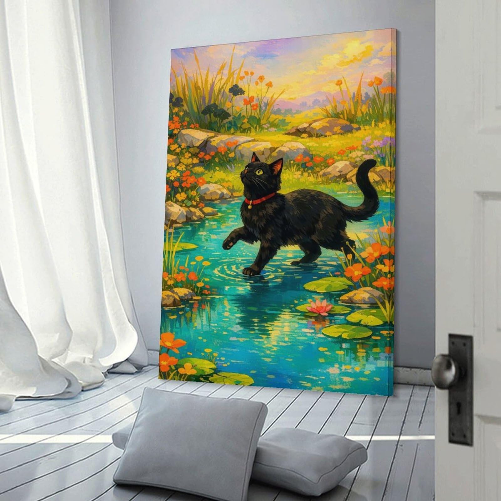 Junmoney Wall Picture Print Black Cat in A Water Lily Pond, 24x36inch(60x90cm), for Wall Displays, Bedrooms Or Room Updates, Wall Decor Suited to Curated Displays