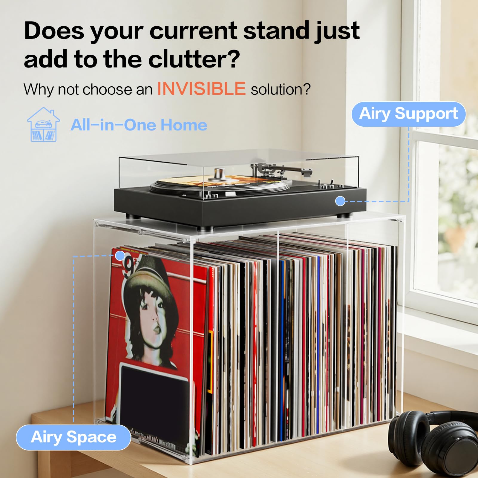 Bikoney Przechowywanie Płyt Winylowych, Akrylowy Stojak Możliwy do Układania w Stosy, Organizer na 50+ Albumów, Przezroczysty Pojemnik na Winyle 12" i 7", Crystal Clear Gramofon Stół z Akrylu