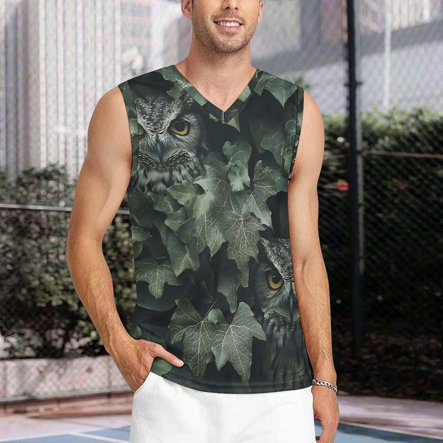 Owl Hiding in The Ivy Men's V-Neck Basketball Tank Top Sleeveless Workout Tank Shirts Gym Fitness Tees Vest