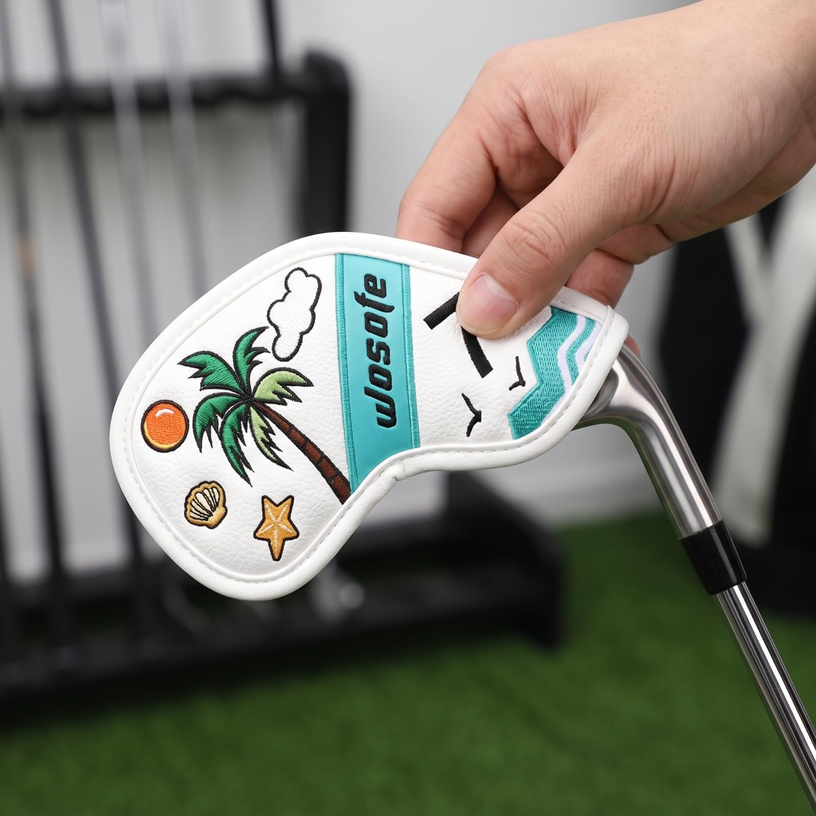 Funda para Hierro de Golf Cubierta Protector Capucha Accesorio con Material PU Resistente y Acolchado Diseño Bordado de Palmeras Marca del Palo Visible Adecuada para Transporte Juego Práctica