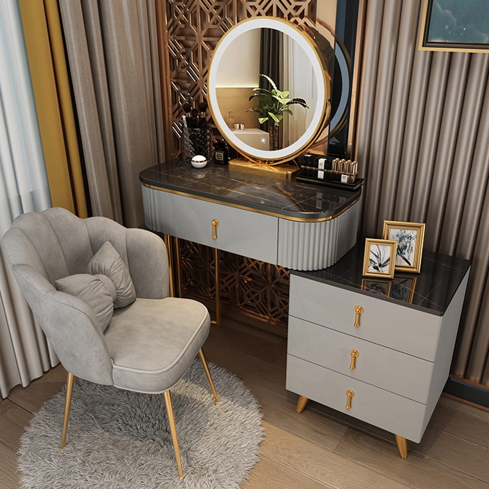 asdchZen Lighted Makeup Mirror Set With Movable Bedside Table & Cushioned Stool-120Cm/47.2In Bedroom Vanity For Women & Girls Stylish White Finish